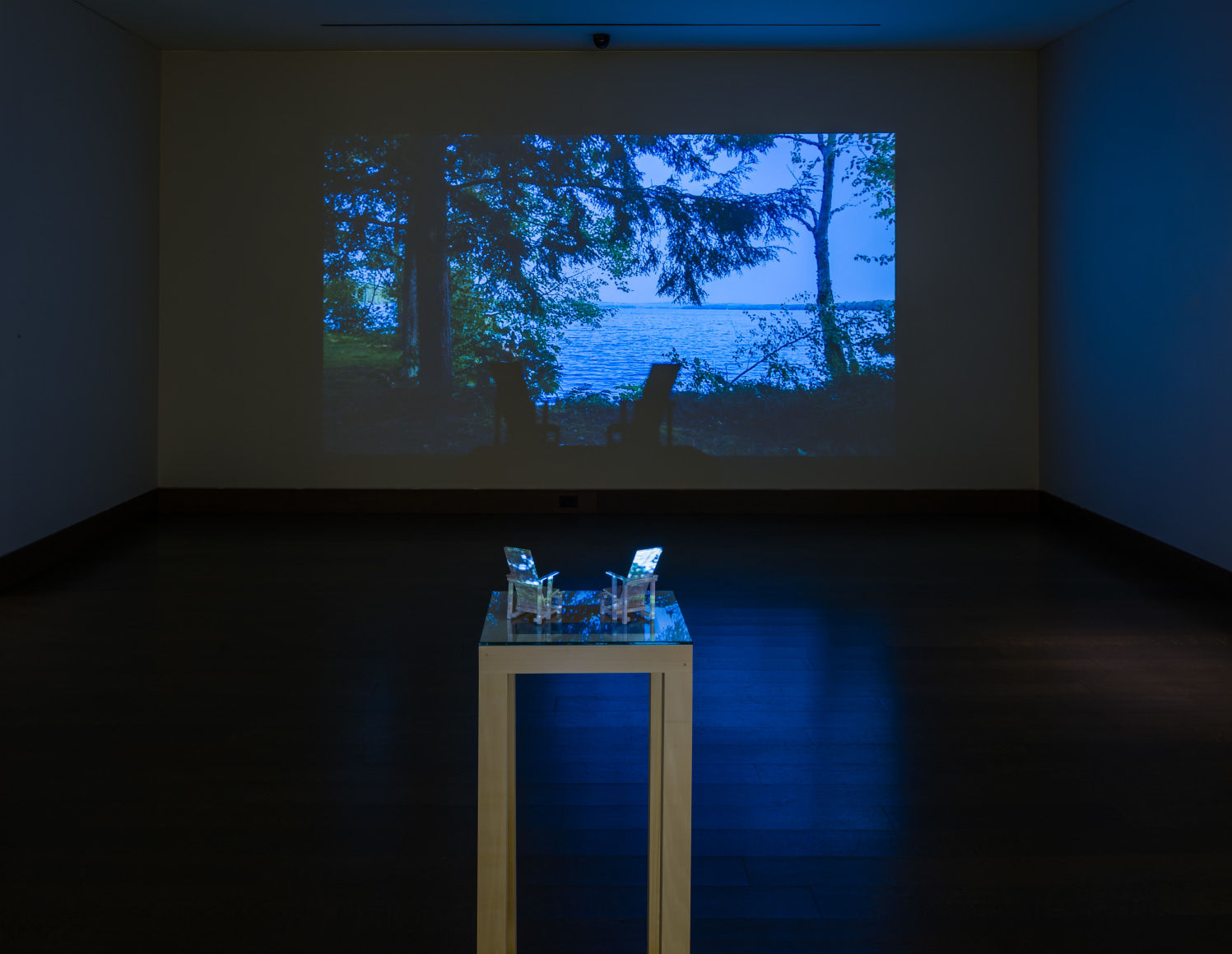 a video projection of a lakeside with accompanying small sculptures by Maria Elena Gonzalez
