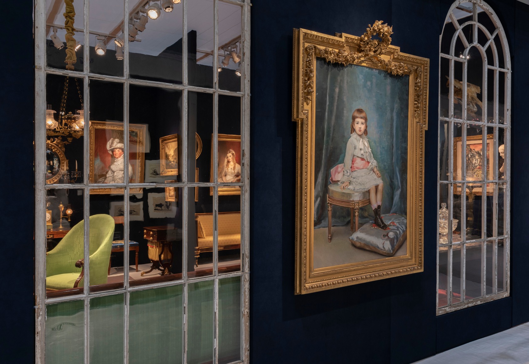 Hirschl &amp; Adler Galleries booth at The Winter Show, 2020. Outside view, with a peek through the window.