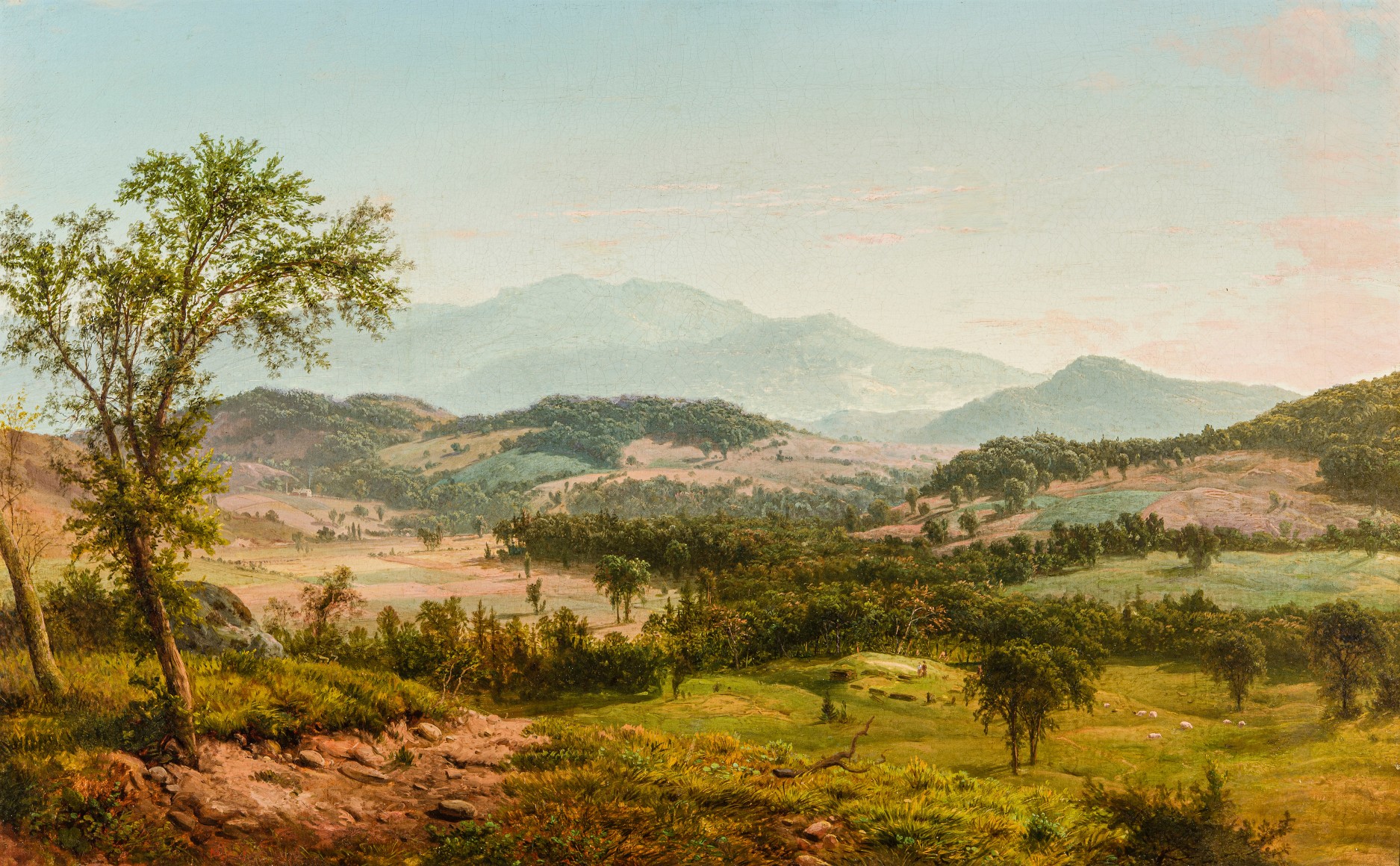 LOUIS REMY MIGNOT (1831–1870), "View of the Fishkill Mountains from Highland Grove," about 1855. Oil on canvas, 25 x 49 in.