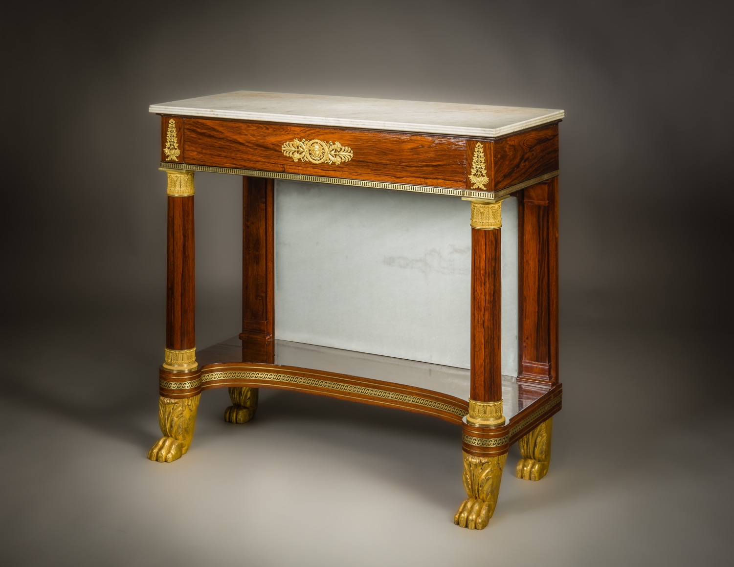 &quot;Pier Table,&quot; about 1817&ndash;22. Attributed to Duncan Phyfe (1768&ndash;1854;  active 1794&ndash;1847), New York. Rosewood, with gilded maple feet gilded, ormolu mounts, marble, and mirror plate, 36 1/4 in. high, 42 1/4 in. wide, 18 1/8 in. deep (overall)
