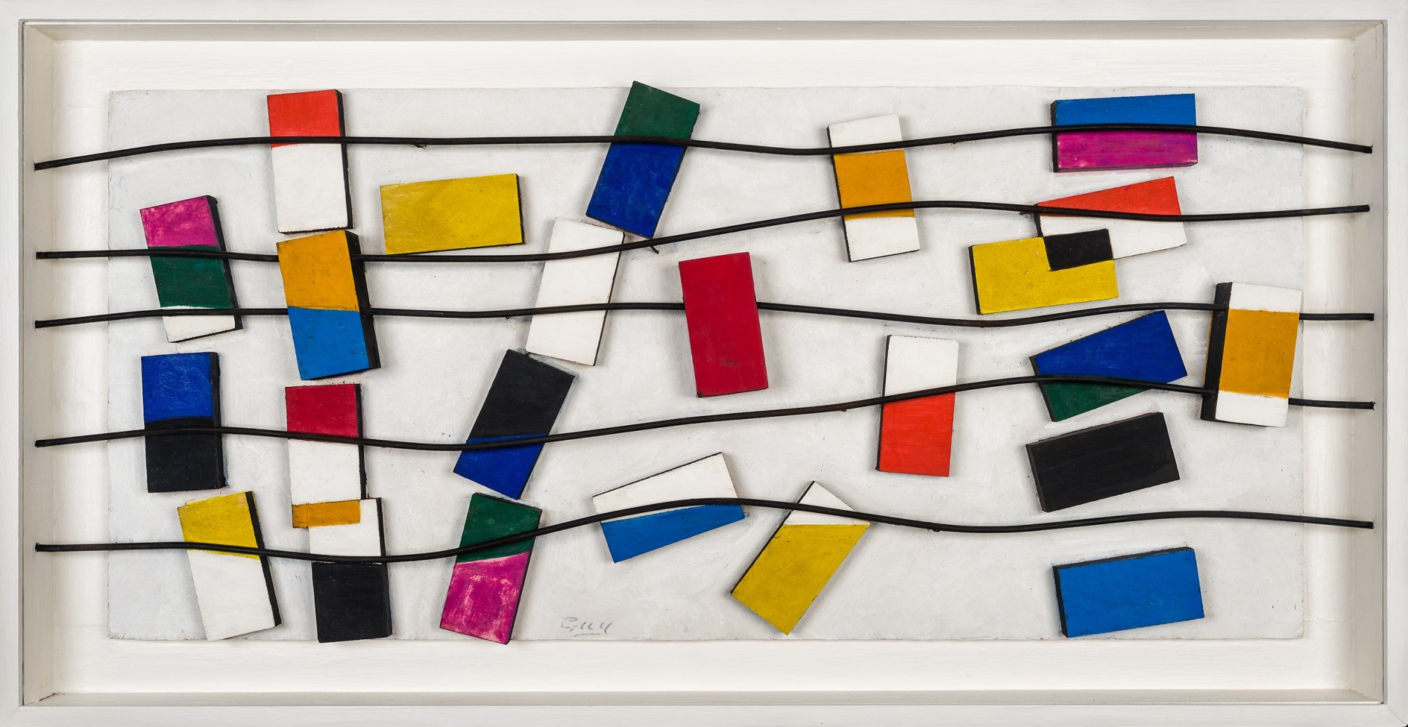 James Guy (1910&ndash;1983), &quot;Untitled (#157),&quot;&nbsp;about 1945&ndash;50. Oil on panel with collaged elements and iron rods, 26 x 50 in.