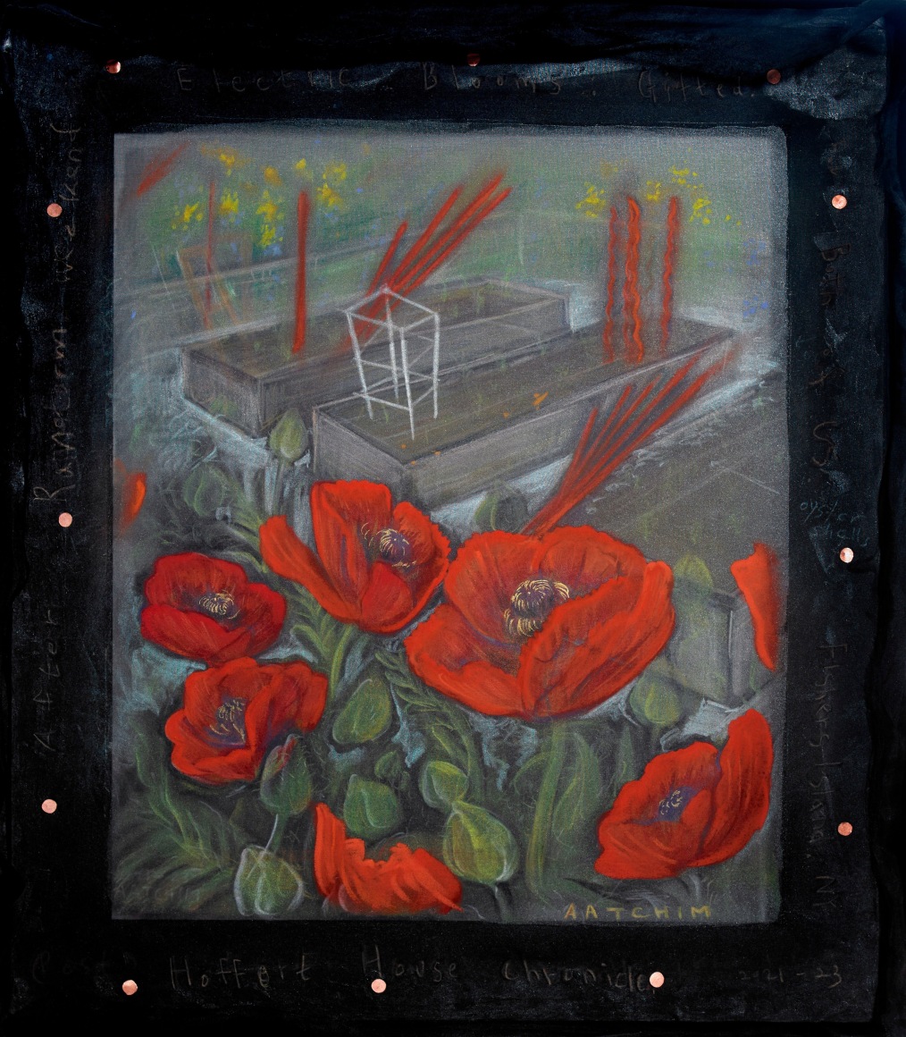 JOEUN KIM AATCHIM Electric Blooms; Hoffort House After Rainstorm, 2021-23 Mineral pigment, colored pencil, pastel, cont&eacute; and pine soot ink  on silk, copper nails, 14 x 11 in.