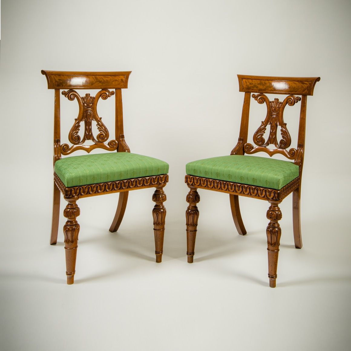 Pair Side Chairs with Lyre Backs, about 1825, Boston. Mahogany (secondary woods: mahogany). Each, 34 in. high, 19 in. wide, 22 1/4 in. deep (overall)