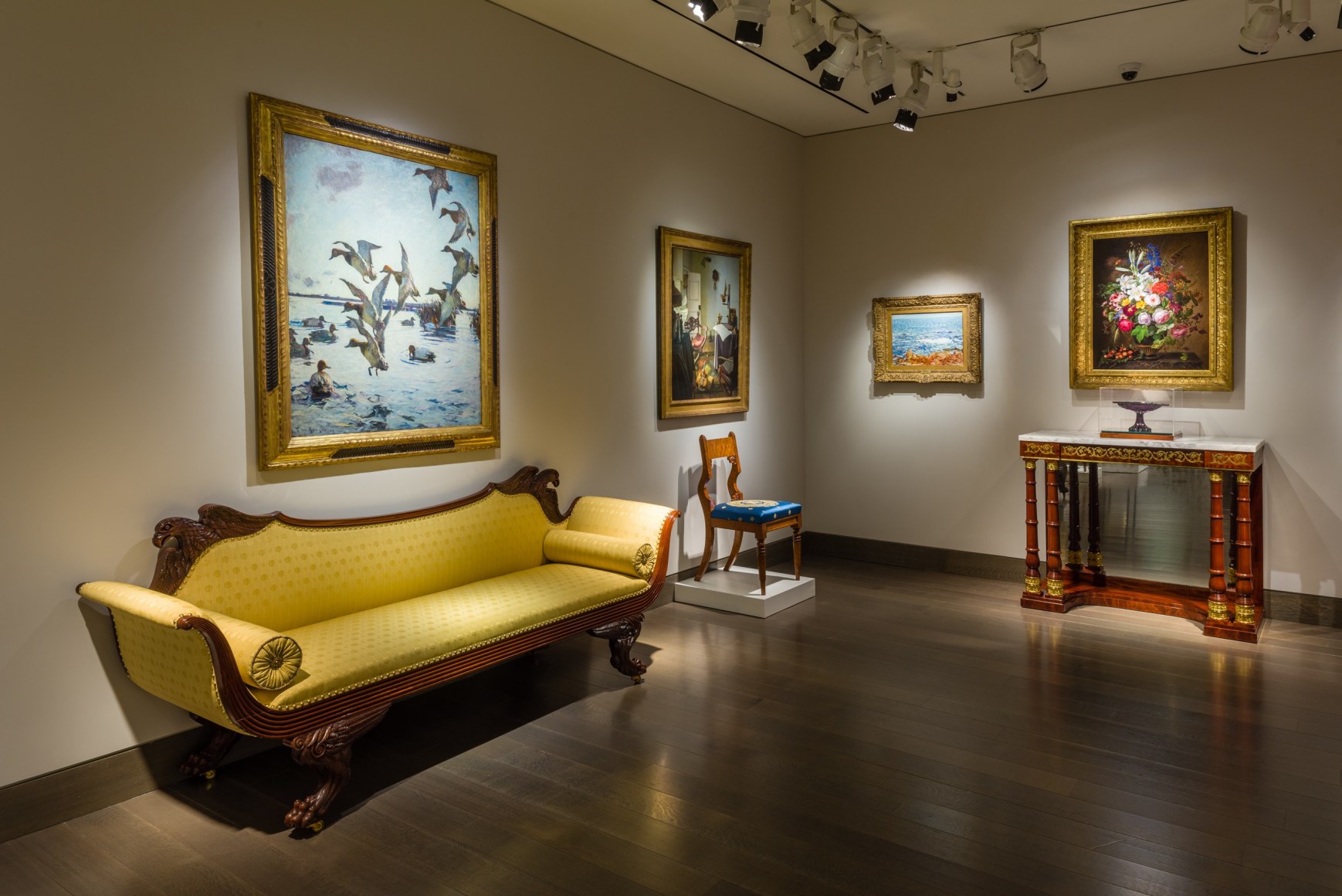 The Winter Show Live at Hirschl &amp; Adler. Installation view of paintings, furniture, and decorative arts.