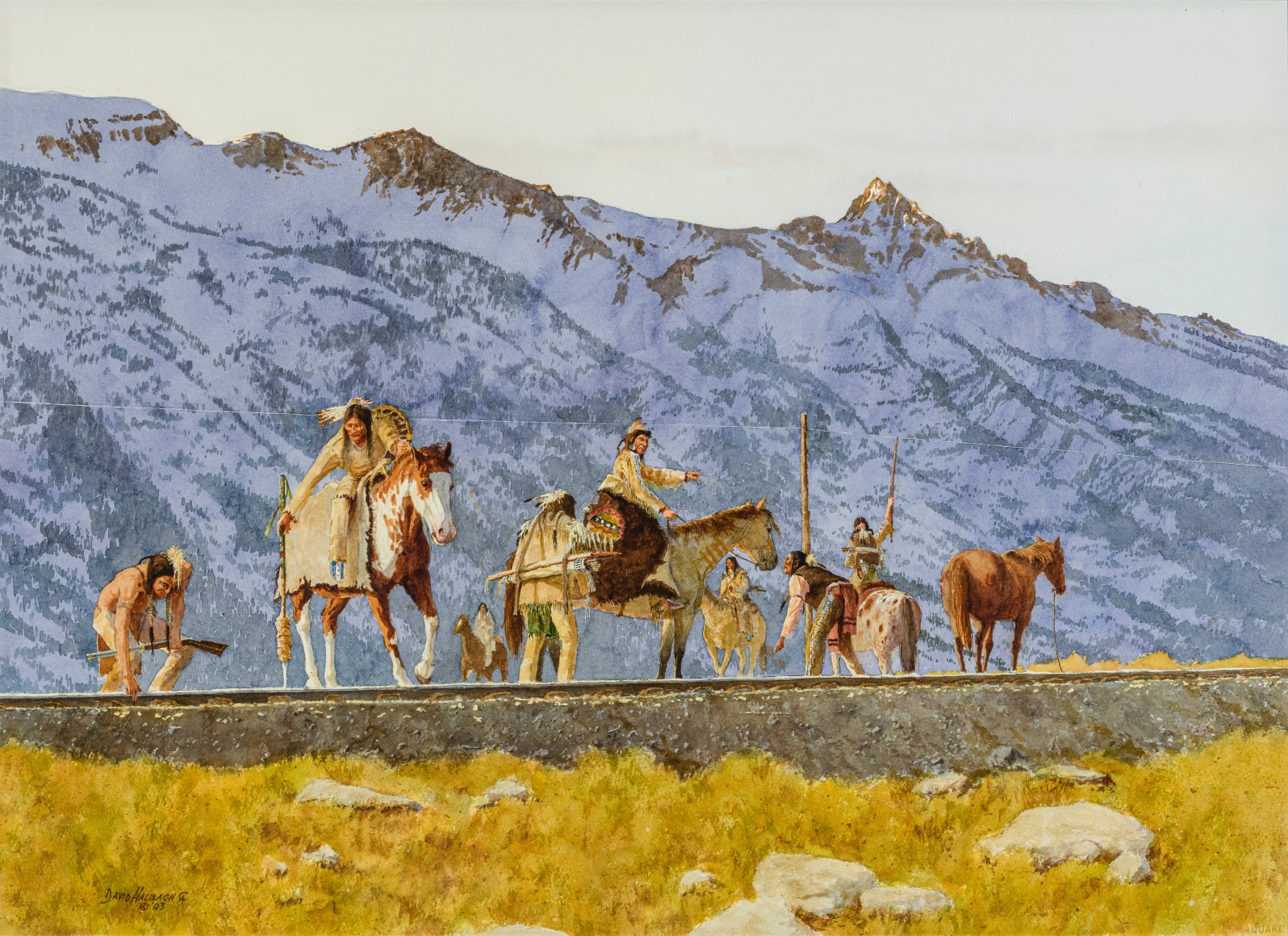 David Halbach (American, b. 1931), "Track Inspectors," 2003. Watercolor on paper, 21 x 29 in.