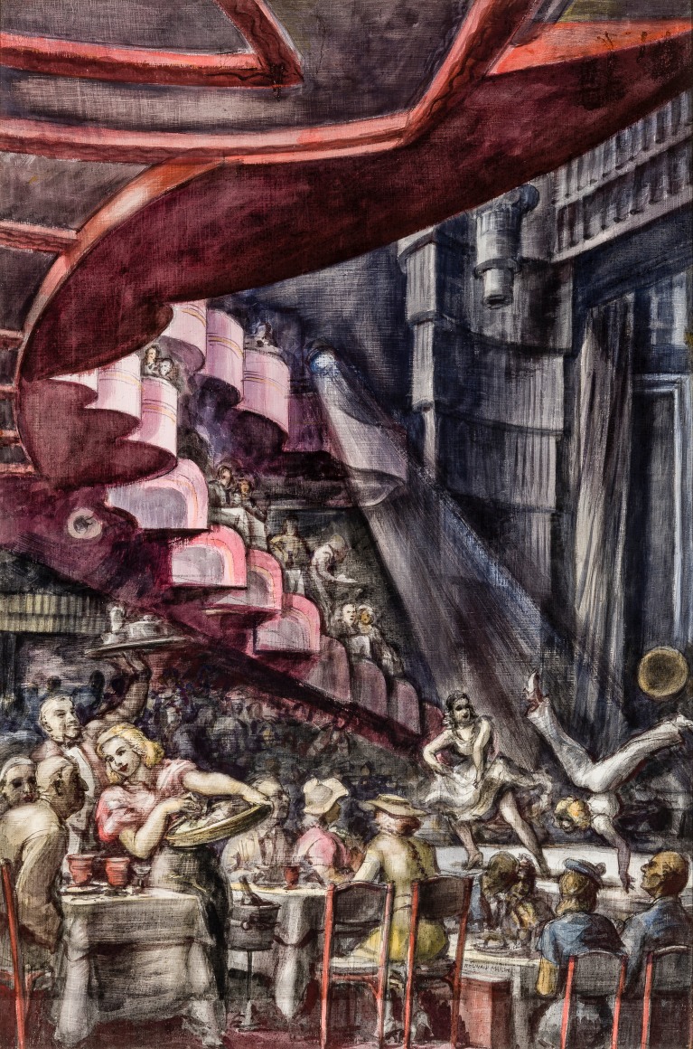 "Cabaret" by Reginald Marsh, painted in 1938. A busy interior scene inside Billy Rose's Casa Mañana nightclub in New York City, with spectators enjoying a floor show of acrobatic dancers.
