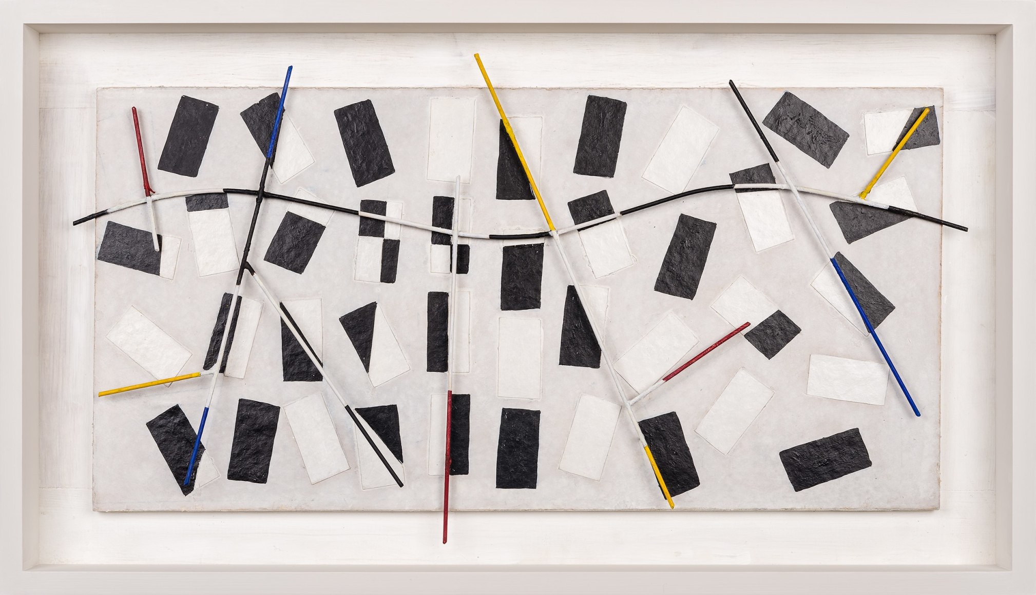 James Guy (1910&ndash;1983), &quot;Untitled (#119),&quot; about 1945&ndash;50. Oil on panel with collaged elements and iron rods, 14 5/8 x 26 3/4 in.