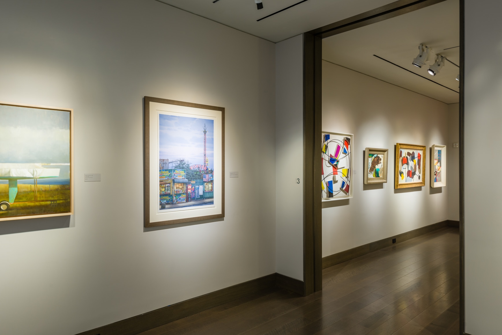 &quot;Summer Selections 2023.&quot; Gallery 3 view with works by Randall Exon (partly) and Frederick Brosen. Visible through the doorway to Gallery 1 are works by James Guy, Arthur Dove, and George L. K. Morris.