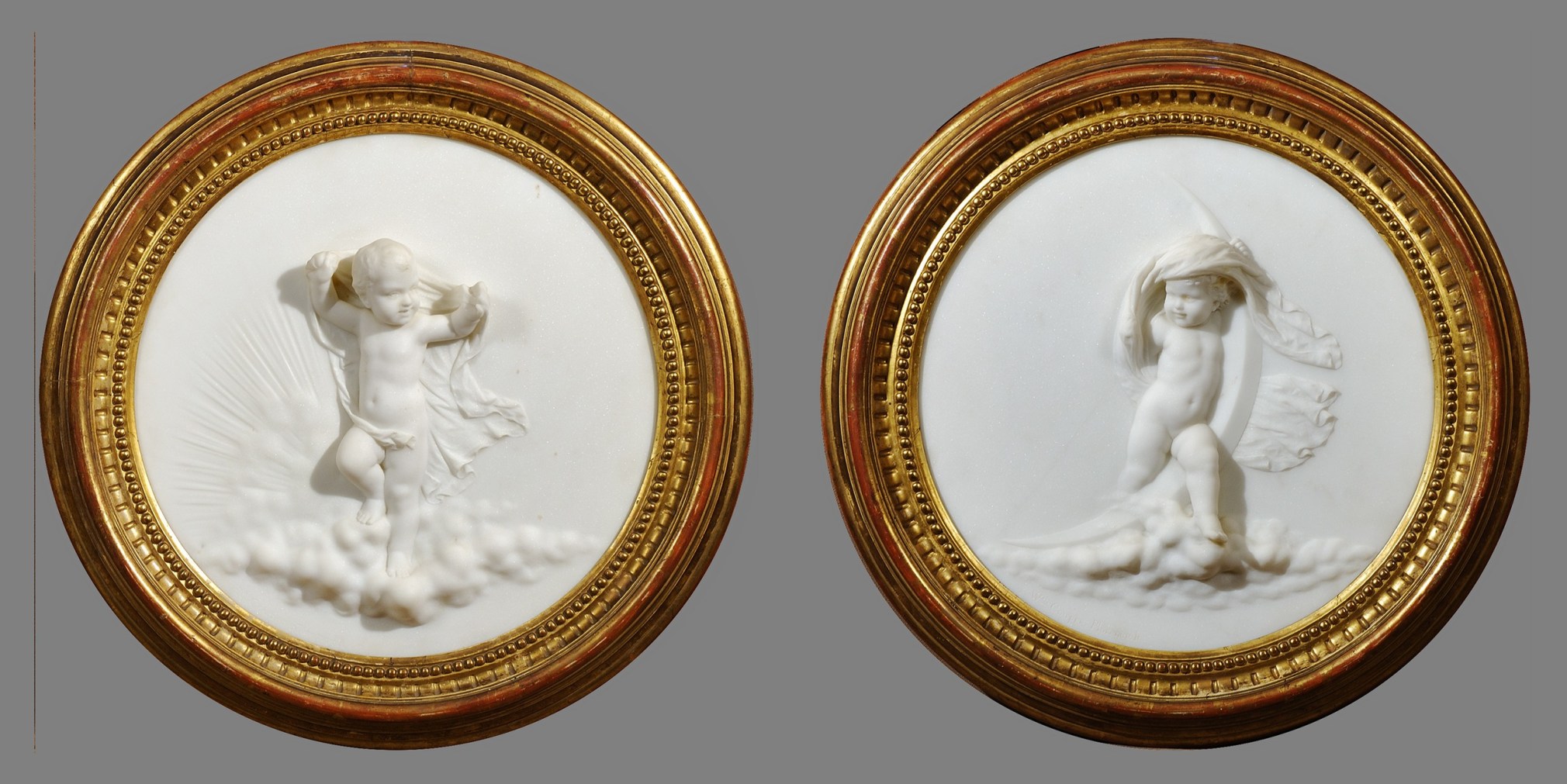 WILLIAM COUPER (1853–1942), "Morning," 1882. Marble relief, 19 in. diameter; and "Evening," about 1876. Marble relief, 19 in. diameter.