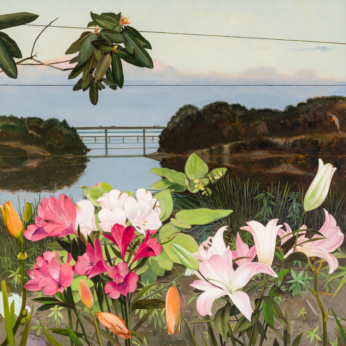 JOHN MOORE (b. 1946), "Two Bridges," 2022. Oil on canvas,46 x 46 in.