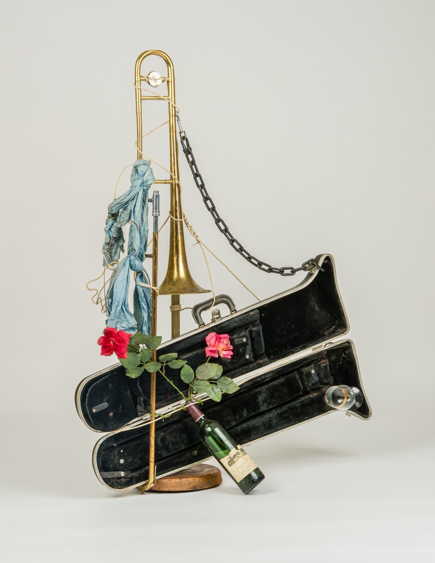 Lonnie Holley (b. 1950), &quot;Untitled (Horn &amp; Wine Bottle), Floor Piece,&quot; c. 2002&ndash;03. Mixed media assemblage, 49 1/2 in. high x 38 1/2 in. wide x 14 1/2 in. deep
