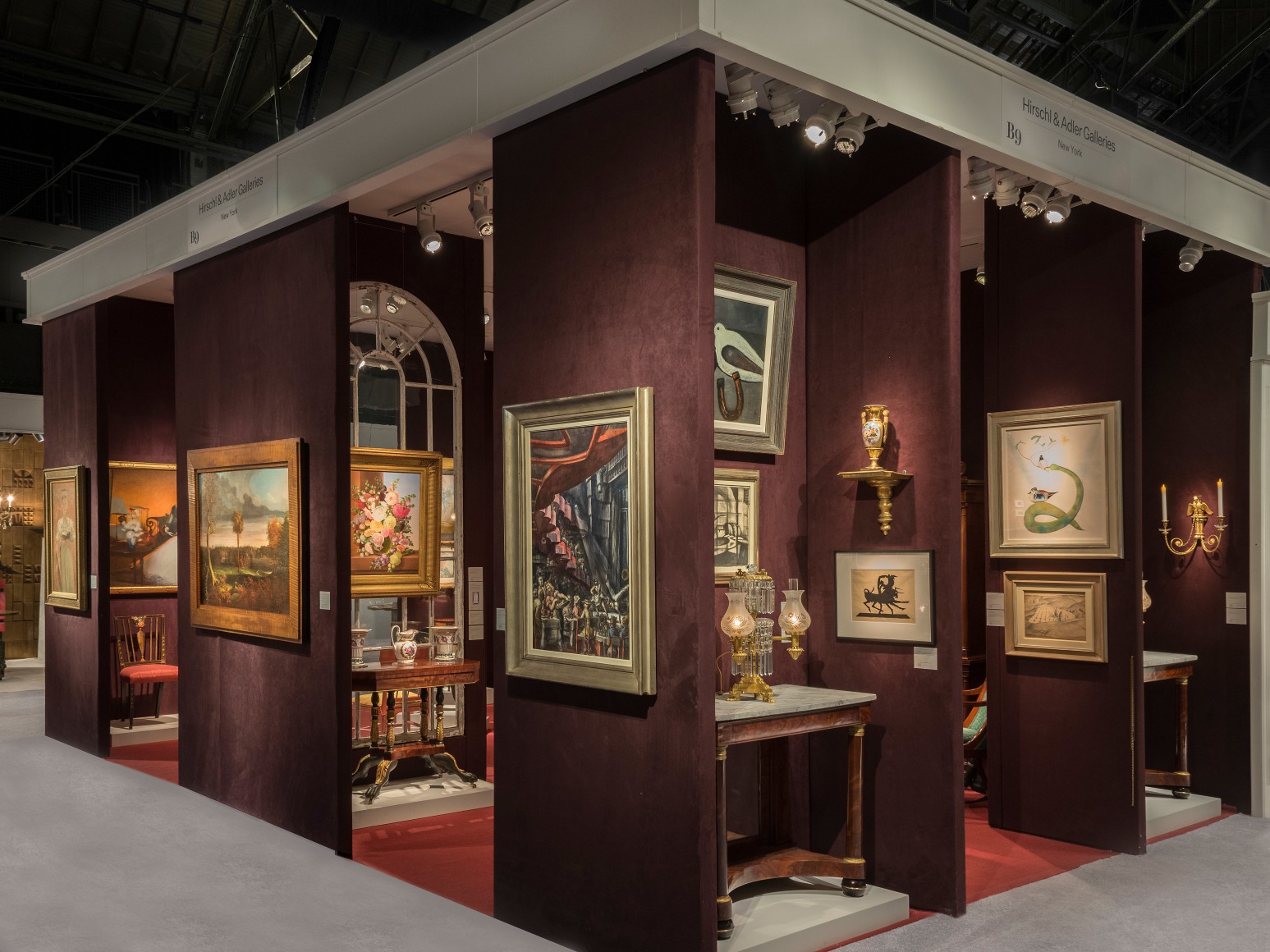 The Winter Show 2024, Hirschl &amp; Adler Galleries Booth B9, seen from the center cross aisle.