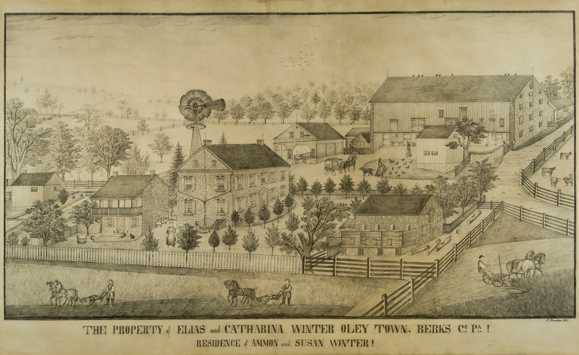 FERDINAND BRADER (1833–by 1901), "The Property of Elias and Catharina Winter, Oleytown, Berks Co.," 1882. Pencil on paper, 31 1/2 x 51 1/2 in.