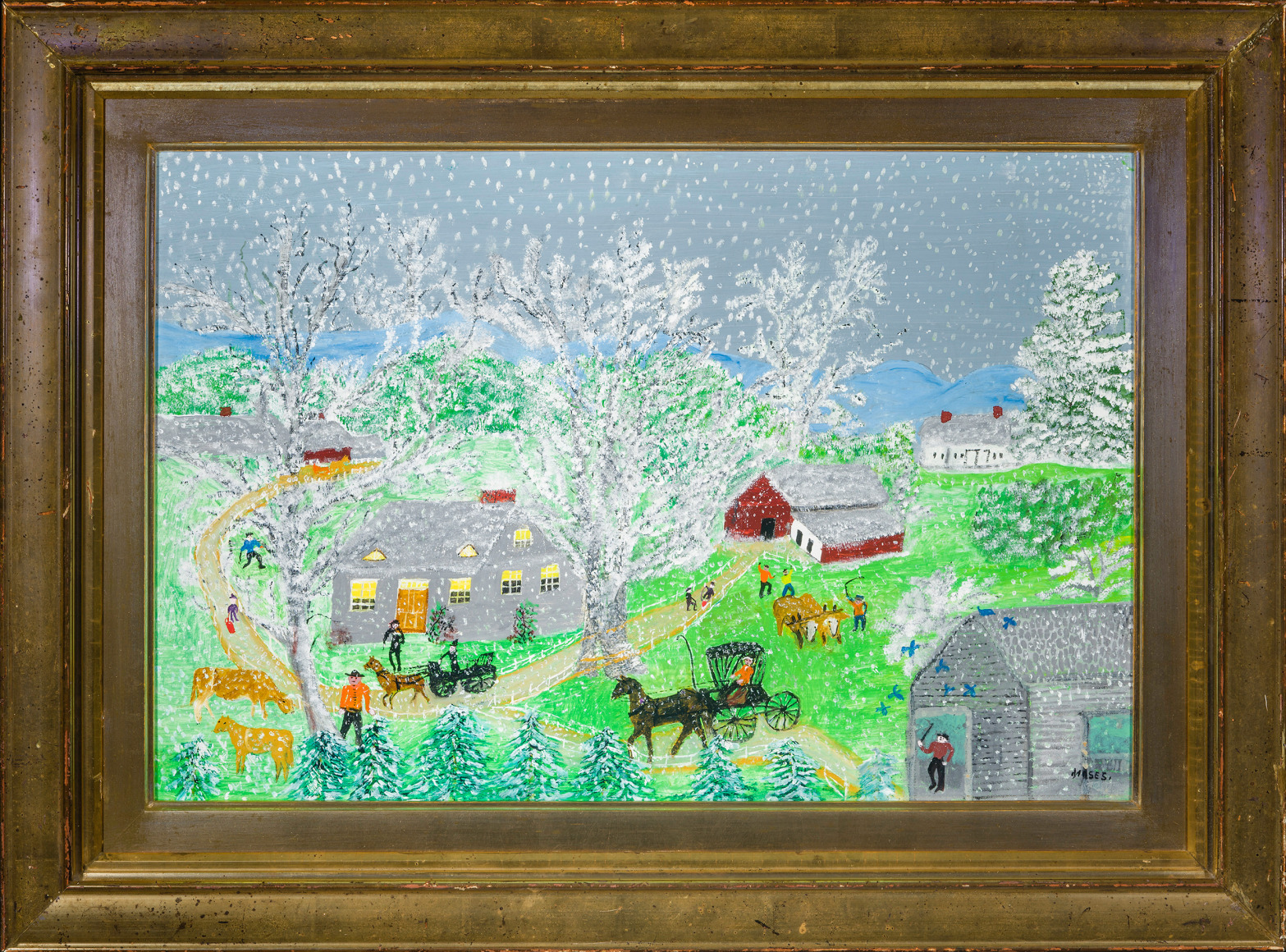 ANNA MARY ROBERTSON (GRANDMA) MOSES (1860&ndash;1961), &quot;Last Snowfall,&quot; 1959. Oil on Masonite, 16 x 24 in. Showing gilded frame.