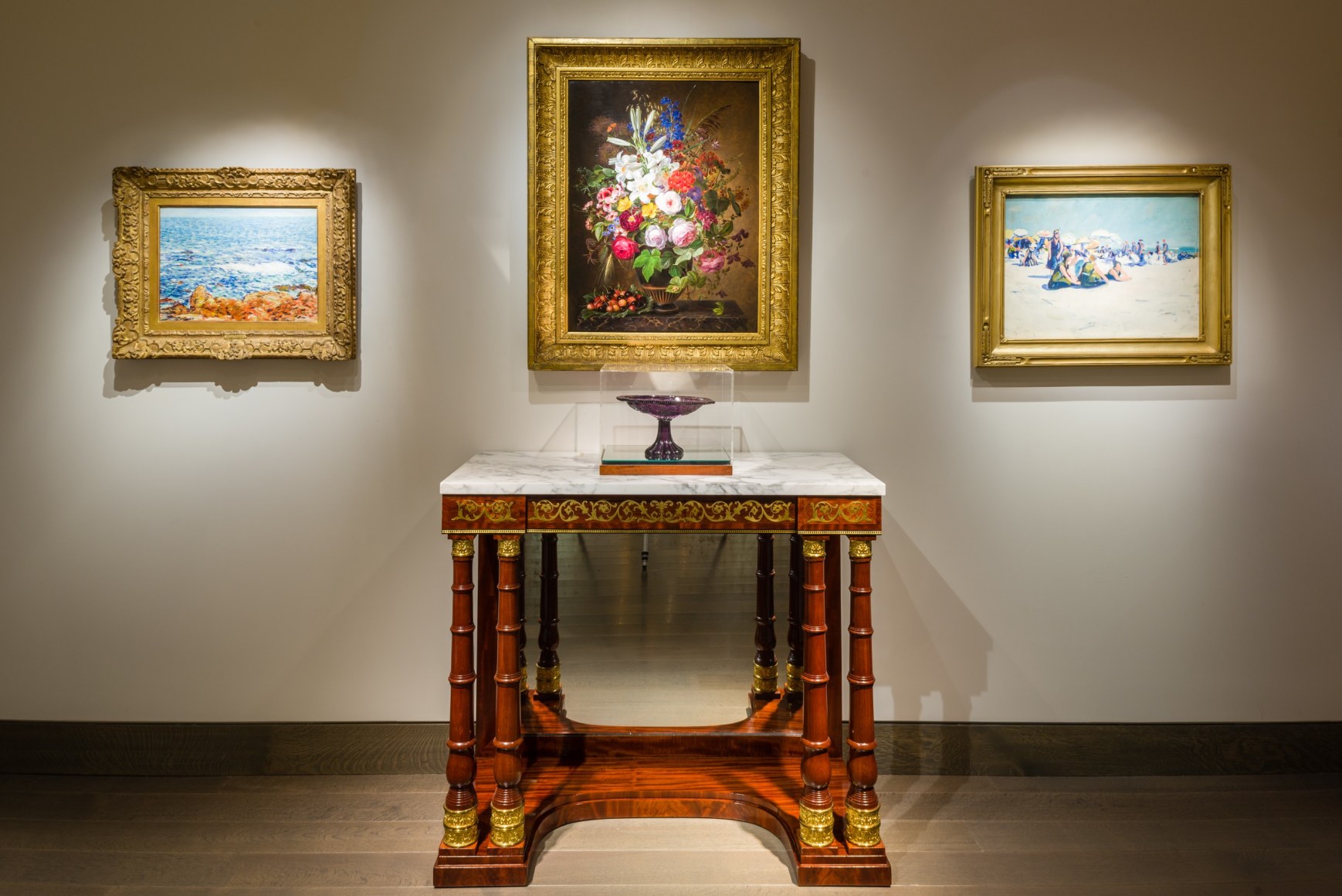 &quot;The Winter Show Live&quot; at Hirschl &amp; Adler. Installation view of paintings, furniture, and decorative arts.