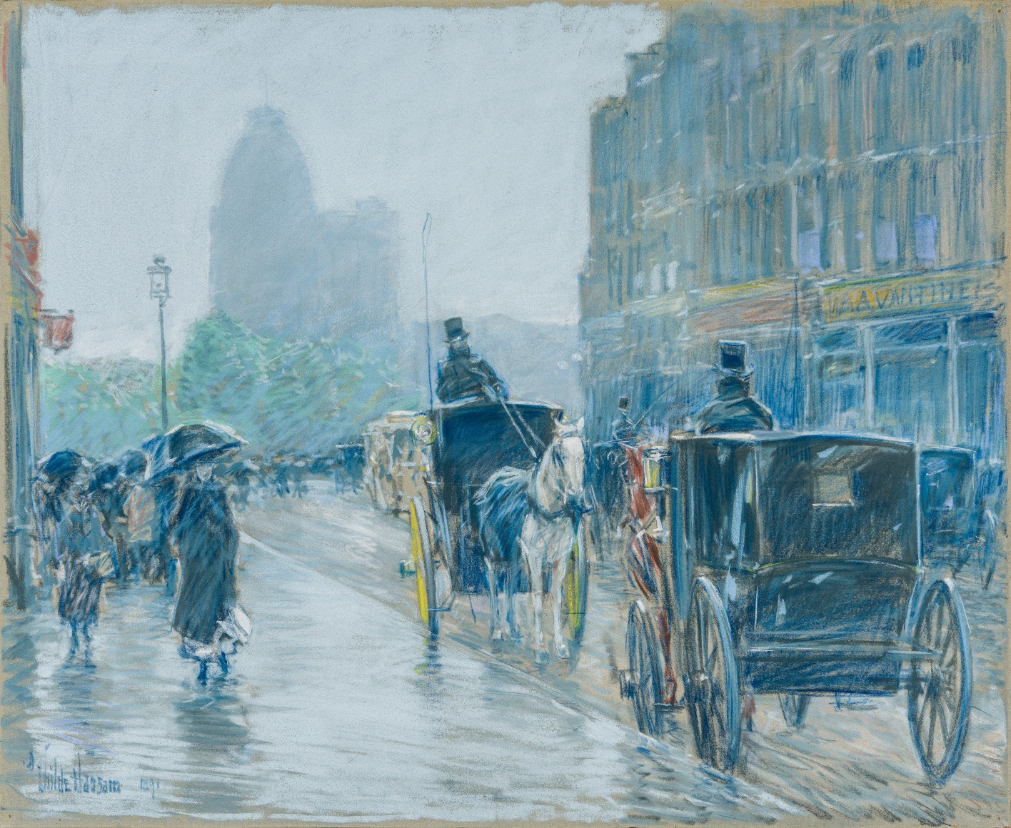 CHILDE HASSAM (1859–1935), "A Wet Day on Broadway," 1891. Pastel on paper mounted to fine-weave linen, 18 x 21 7/8 in.