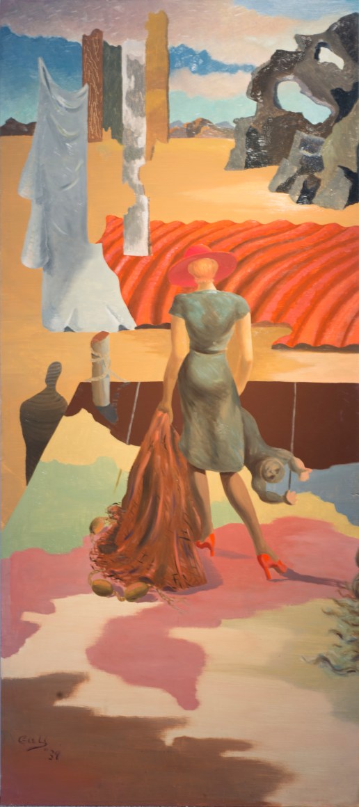 JAMES GUY (1909–1983), The Camouflage Man in a Landscape (A 6-panel Mural), 1939. Oil on Masonite, 83 x 216 in. Each panel, 83 x 36 in. Panel 1.