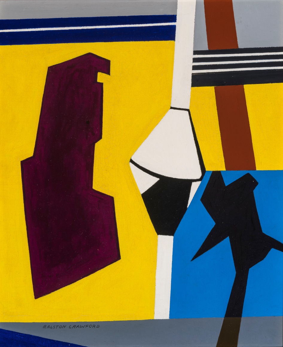 RALSTON CRAWFORD (1906–1978), "Fishing Boats #3, 1955. Oil on canvas, 18 x 15 in.