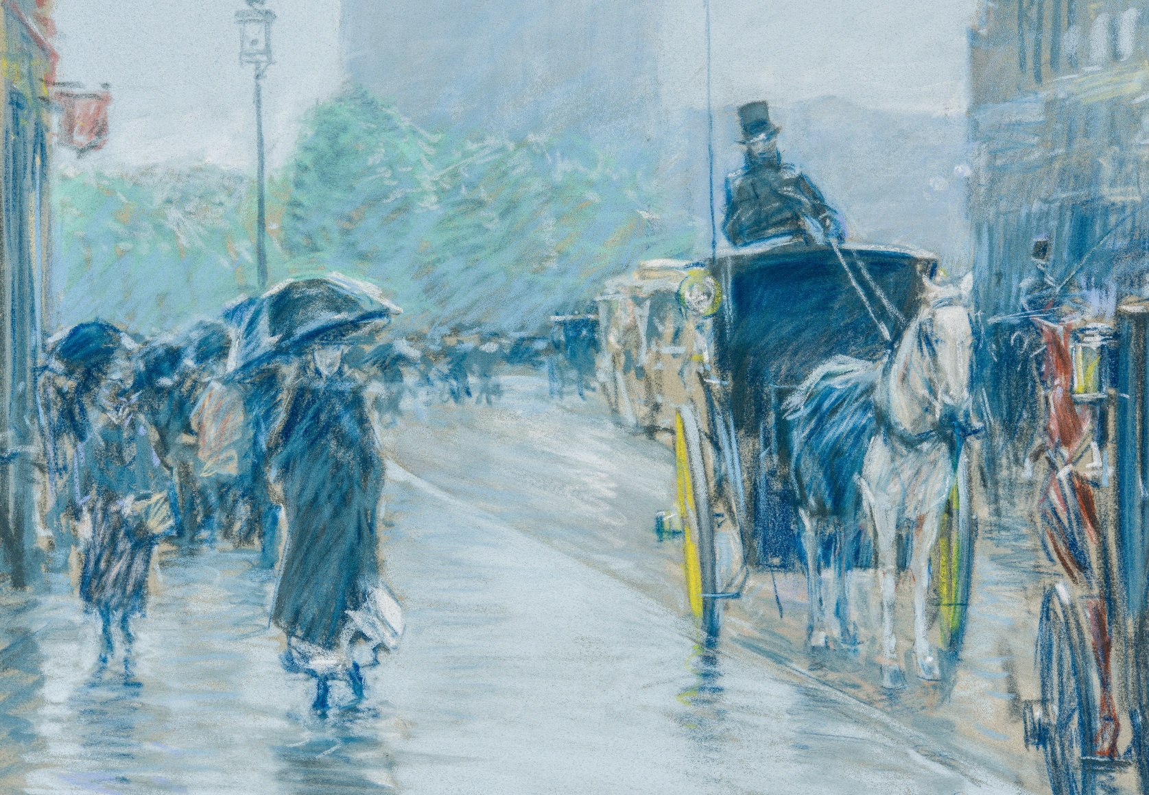 CHILDE HASSAM (1859–1935), "A Wet Day on Broadway," 1891. Pastel on paper mounted to fine-weave linen, 18 x 21 7/8 in. (detail).