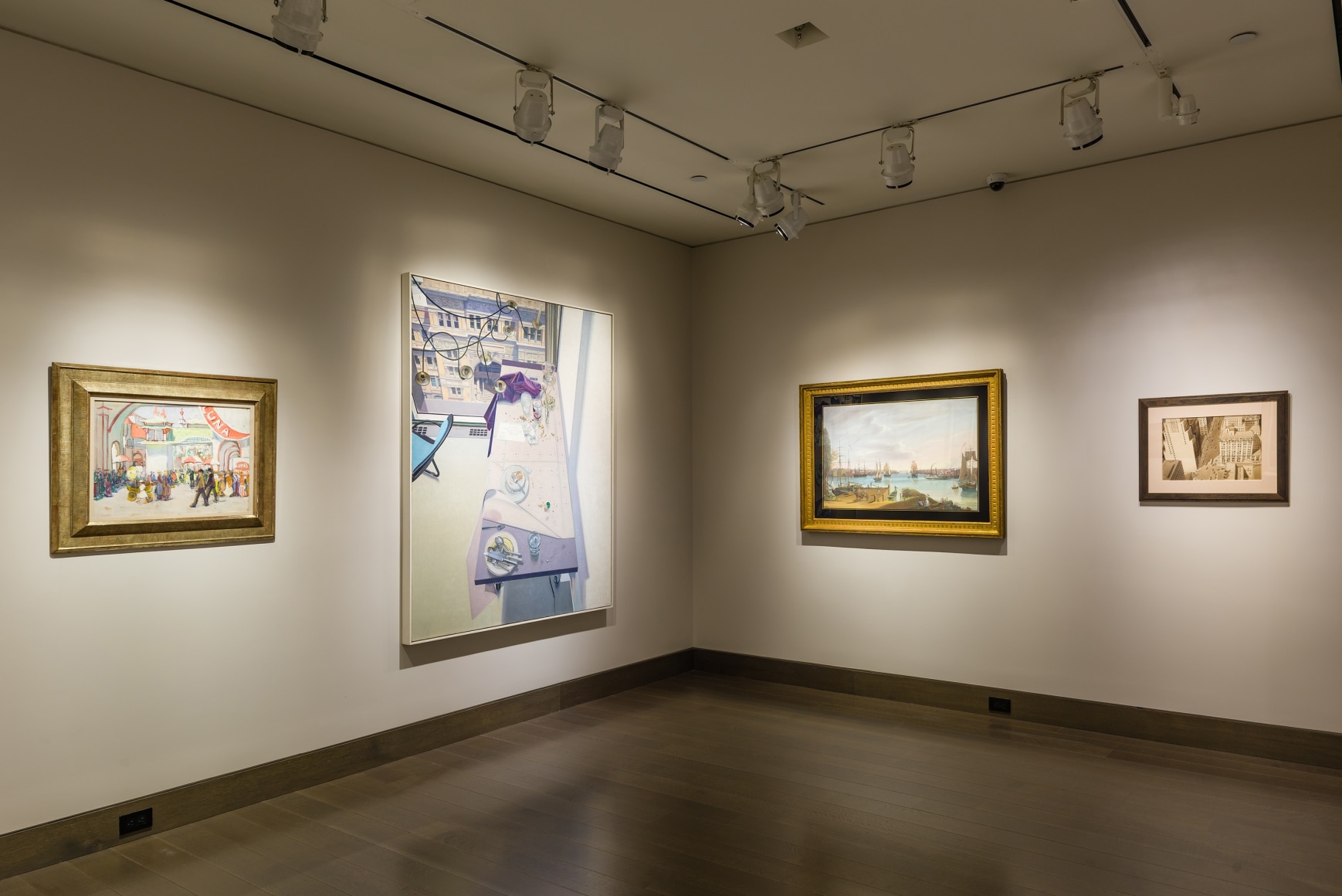 "The Madding Crowd" gallery installation, June 2021. Gallery 3, with works by (left to right) Jane Peterson, John Moore, Nicolino Calyo, and Edward Blazey.