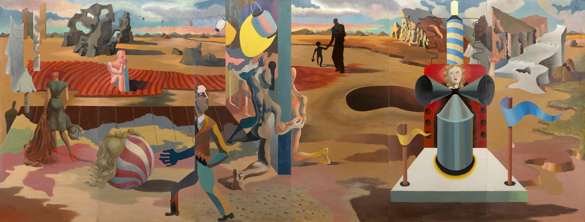 JAMES GUY (1910&ndash;1983), &quot;The Camouflage Man in a Landscape,&quot; 1939. Oil on Masonite, 83 x 216 in. (overall)