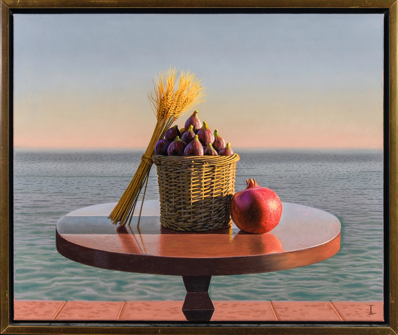 a tabletop still life of wheat, figs and a pomegranate by calm ocean water