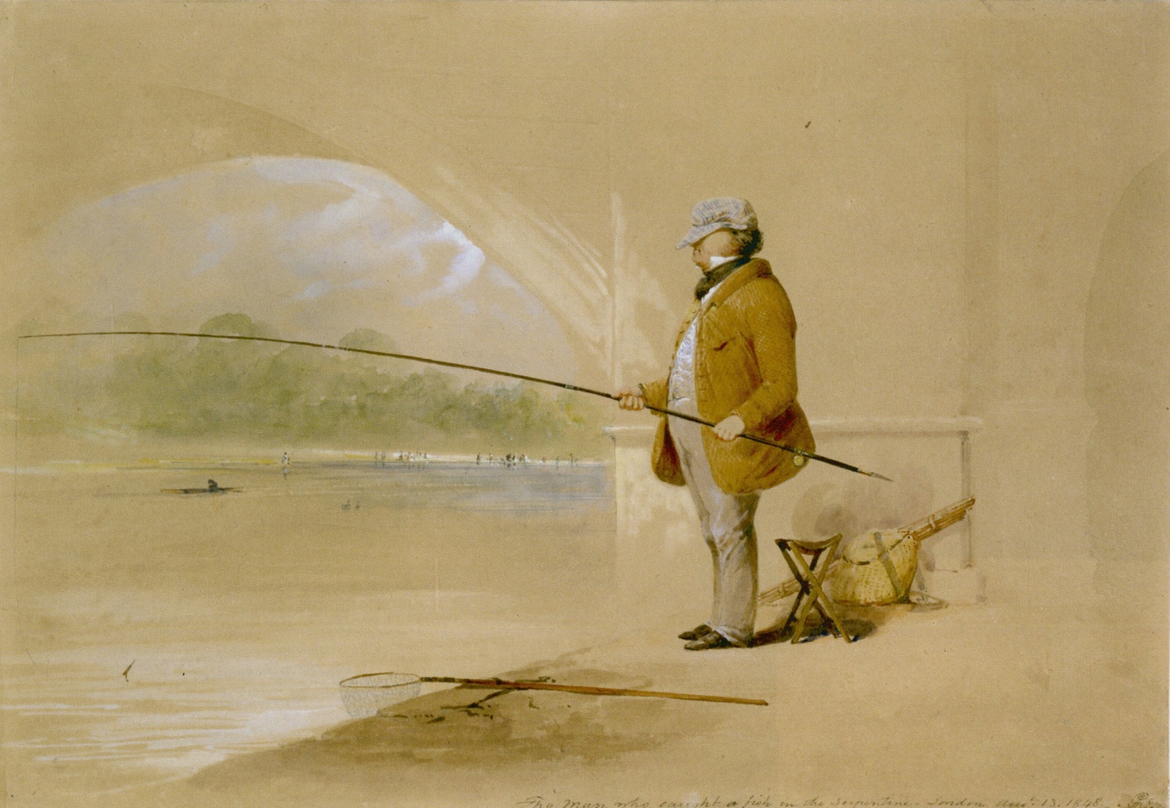 JOHN GADSBY CHAPMAN (1808&ndash;1889)  The Man Who Caught a Fish in the Serpentine, London  Watercolor, 8 13/16 x 12 13/16 in., on original mount, 11 x 16 1/2 in.