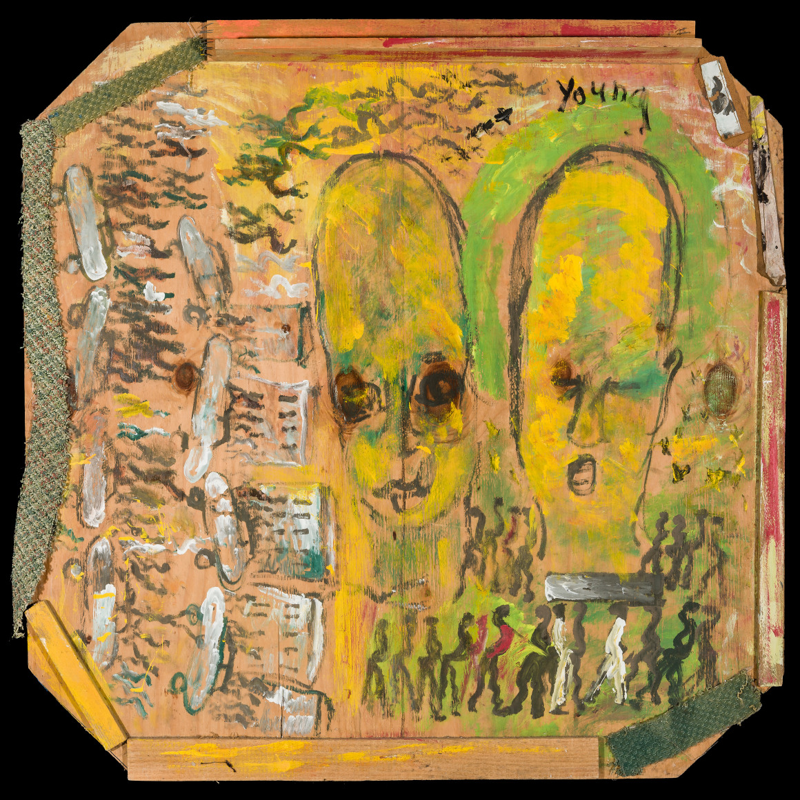 Purvis Young (1943–2010), "Urban Angels with Funeral and Cars," about 1990. Mixed media on wood, 48 x 48 in.