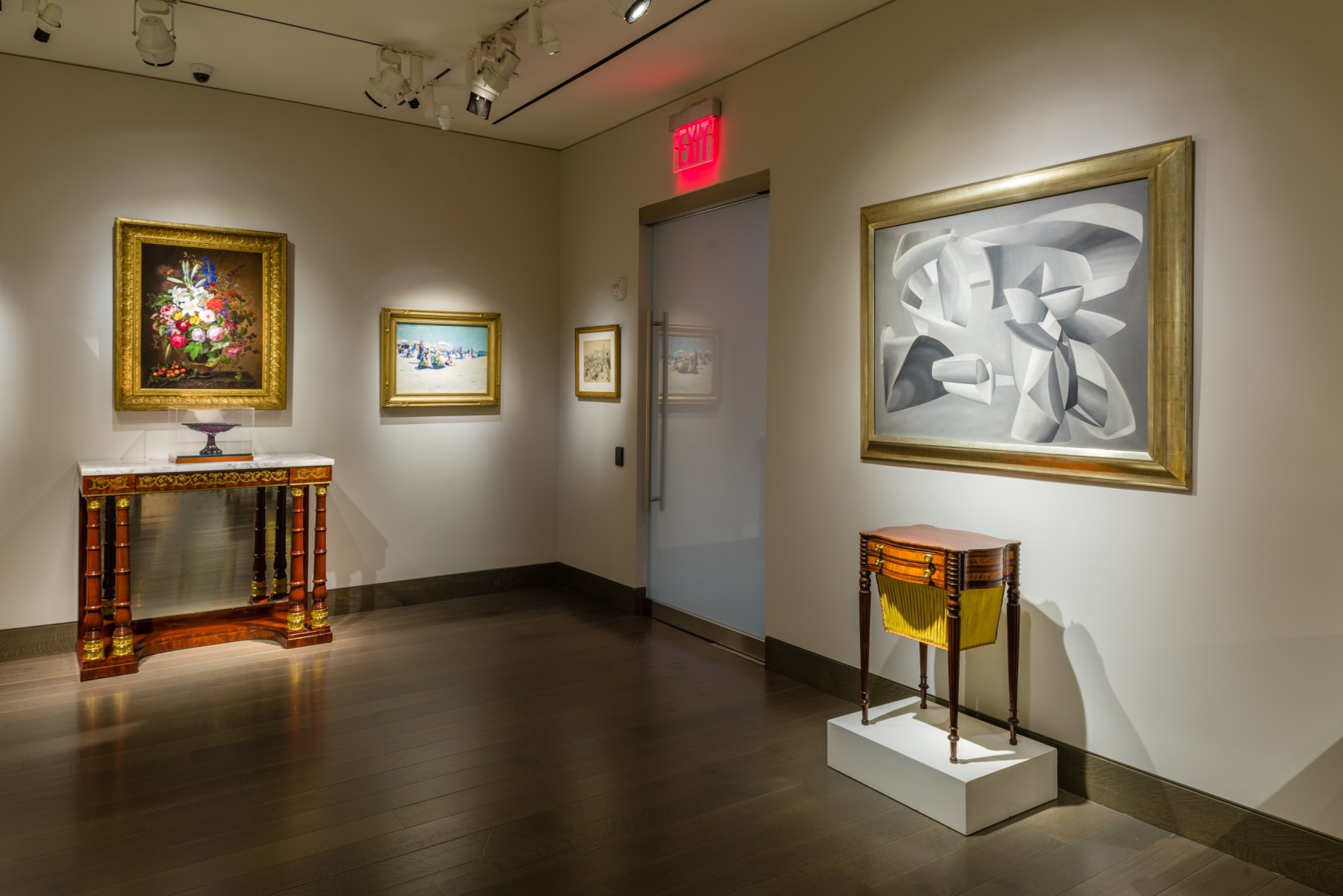 &quot;The Winter Show Live&quot; at Hirschl &amp; Adler. Installation view of paintings, furniture, and decorative arts.
