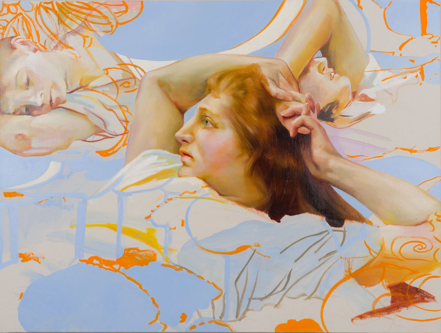 a painting by Angela Fraleigh of three women laying in repose, taken from art historical sources