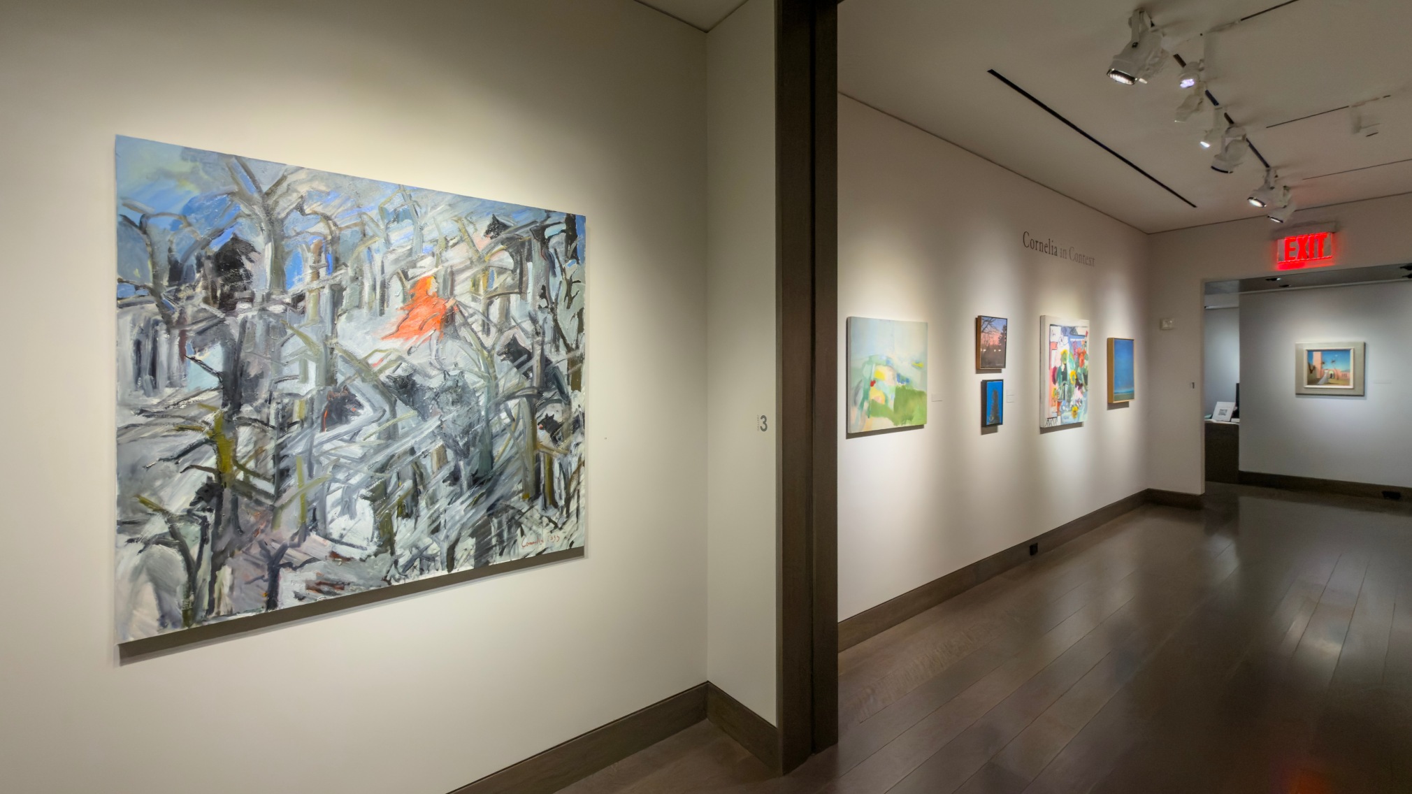 Installation, &quot;Cornelia Foss: Little Red&quot;: Gallery 3, looking into Gallery 1 and entrance foyer