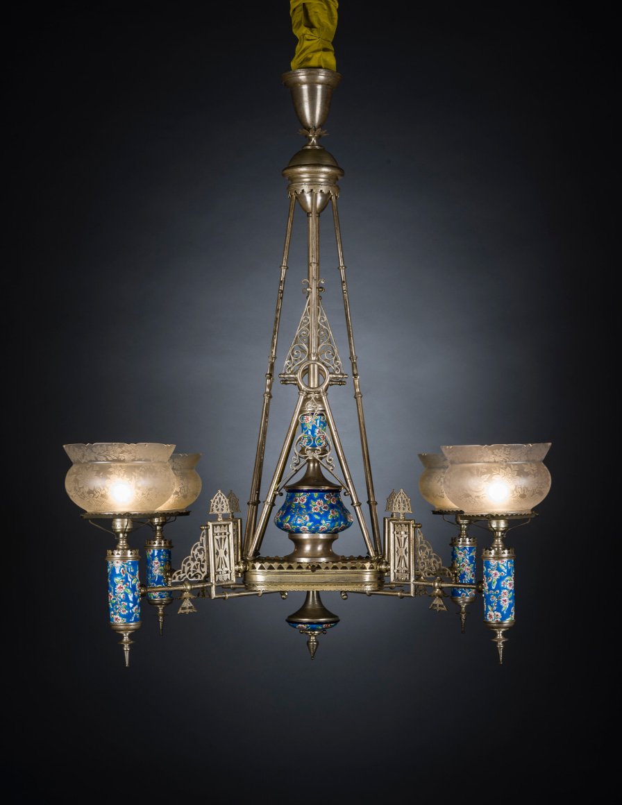 &quot;Japanesque Gasolier with Longwy Mounts,&quot; about 1879. Design attributed to Christian Herter (1840&ndash;1883), New York. Brass, cast and spun, with silver-plate finish, pottery mounts,&nbsp;lighting mechanism, and glass shades, 58 in. high, 43 in. wide, 43 in. deep