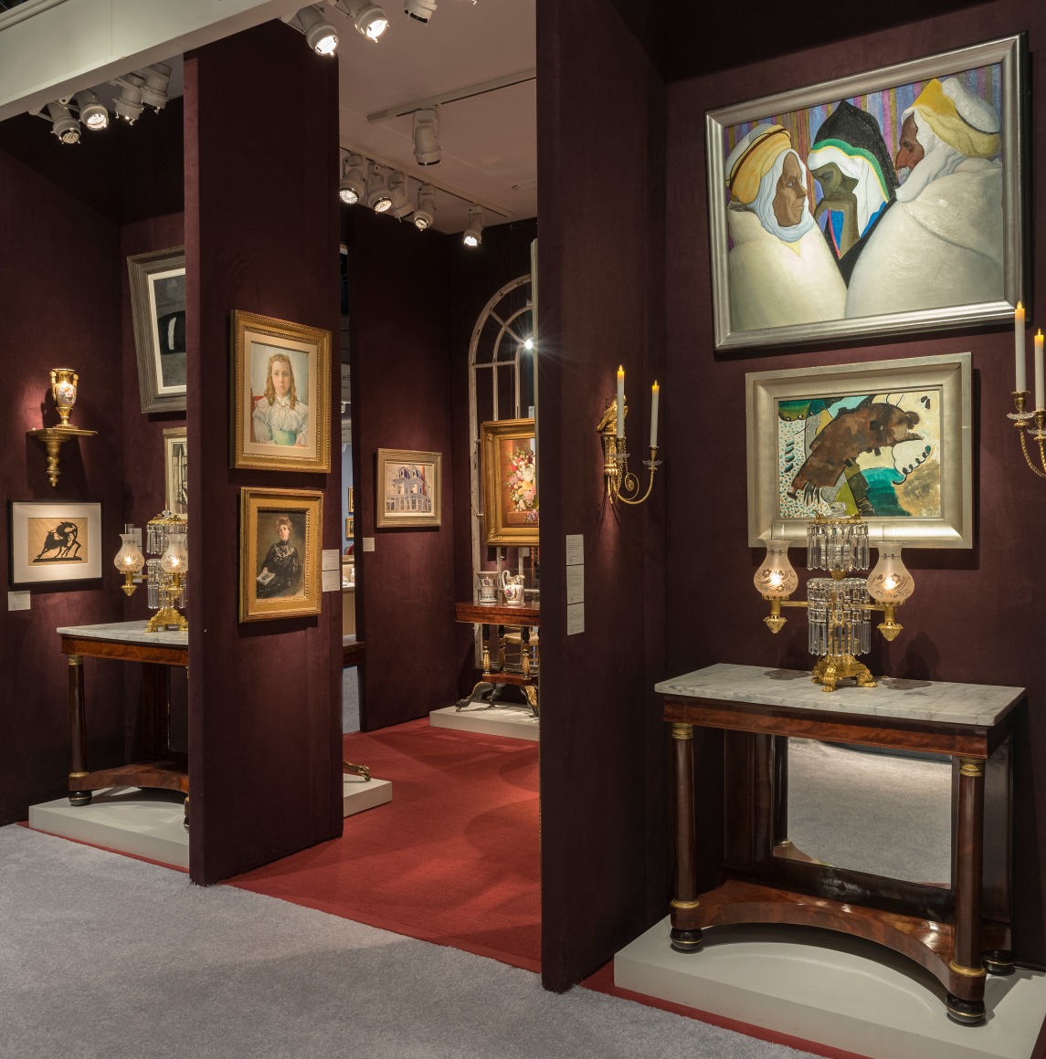 The Winter Show 2024, Hirschl &amp; Adler Galleries Booth B9, south aisle niches with a pair of Boston pier tables and works by Joseph Stella and Arthur Dove.