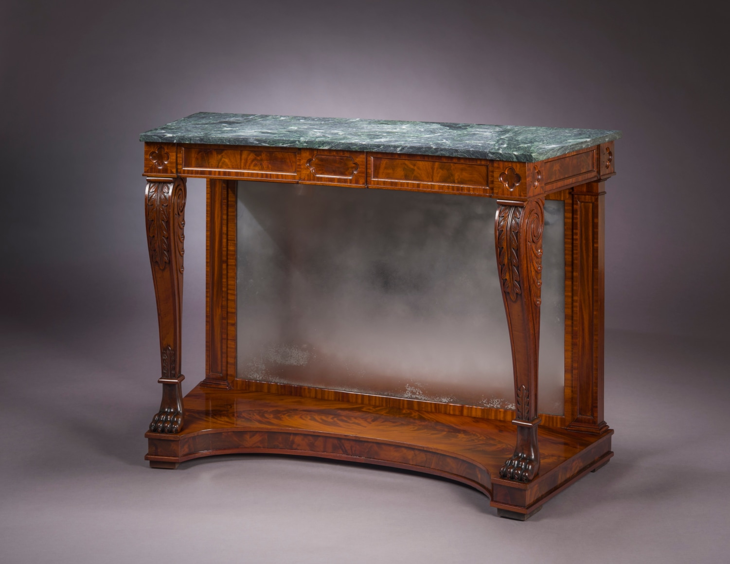 Pier Table, about 1818&ndash;20. Attributed to Thomas Seymour (1771&ndash;1848), working either for James Barker (active together, 1817&ndash;19), or for Isaac Vose &amp; Son (active together 1819&ndash;25), and Thomas Wightman (1759&ndash;1827; active in the Vose shop 1819&ndash;1825), as carver, Boston. Mahogany (secondary woods: chestnut and pine), with marble and mirror plate. 36 in. high, 50 3/4 in. wide, 21 5/8 in. deep