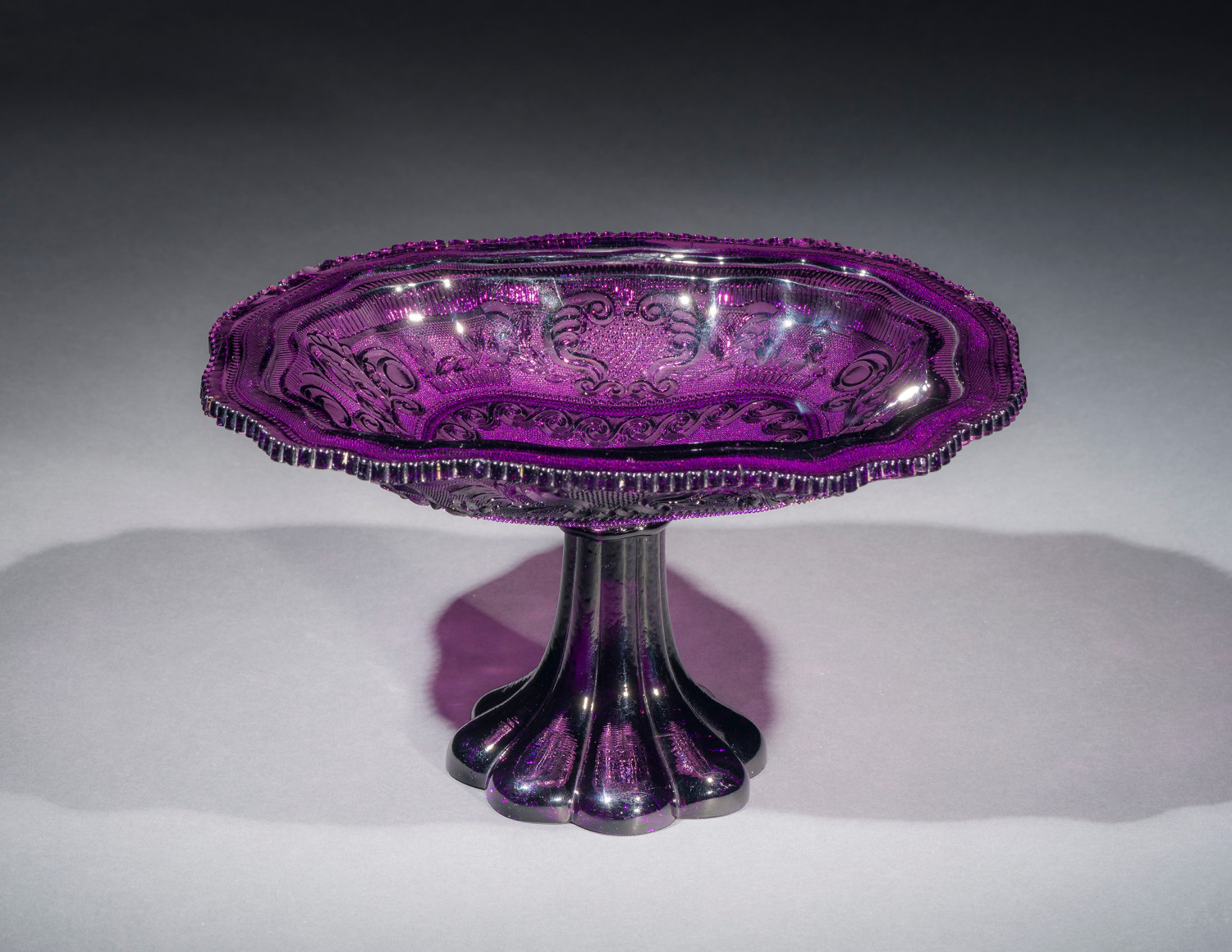 &quot;Deep Amethyst 'Lacy' Princess Feather Compote,&quot; about 1835&ndash;45. Boston &amp; Sandwich Glass Company, Sandwich, Massachusetts (active 1825&ndash;88). Glass, pressed, 6 1/4 in. high, 10 5/8 in. long, 8 3/4 in. wide.
