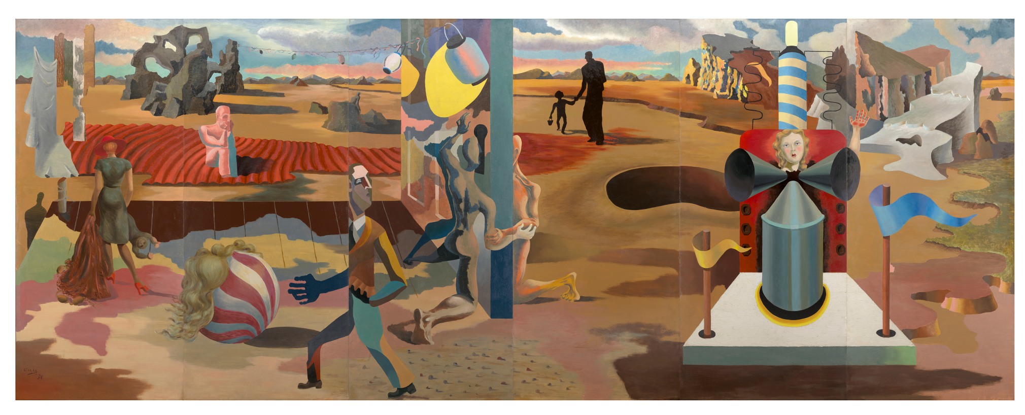 JAMES GUY (1909–1983), The Camouflage Man in a Landscape (A Six-panel Mural), 1939. Oil on Masonite, 83 x 216 in.