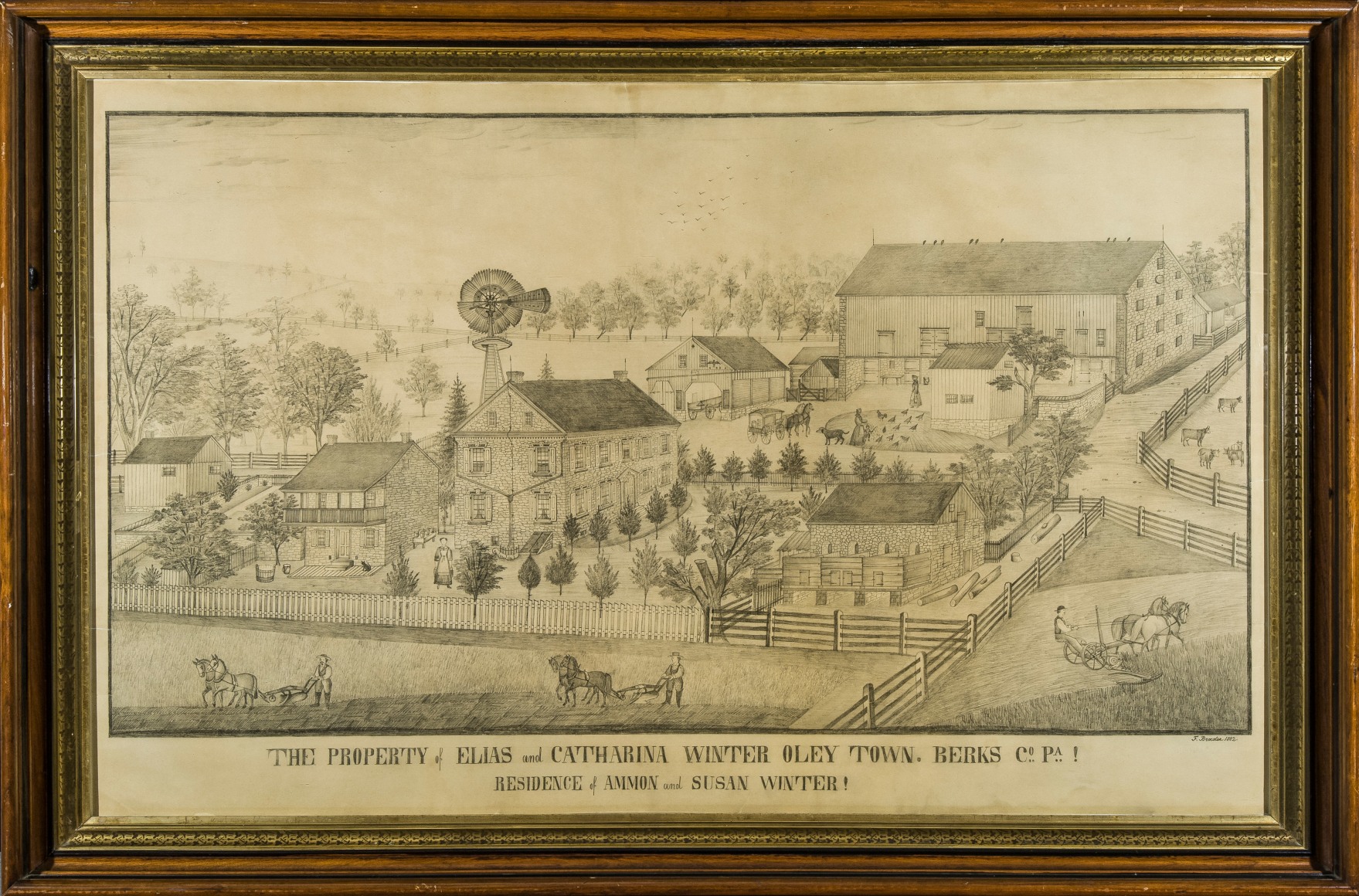 FERDINAND BRADER (1833–by 1901), "The Property of Elias and Catharina Winter, Oleytown, Berks Co.," 1882. Pencil on paper, 31 1/2 x 51 1/2 in. Showing original wood frame.