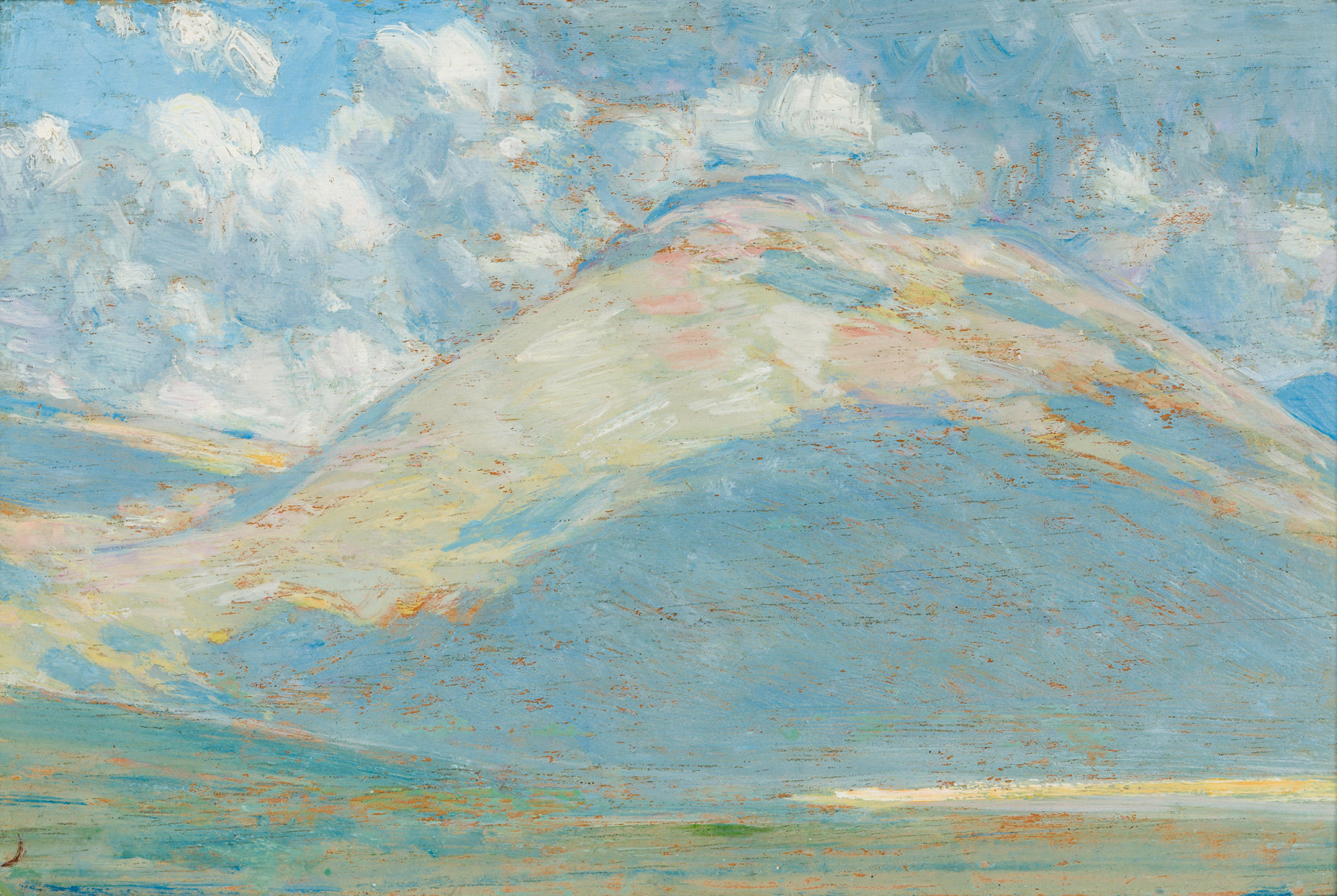 CHILDE HASSAM (1859&ndash;1935), &quot;Landscape, Eastern Oregon (Clouds and Mountain),&quot; 1908. Oil on cigar boxtop panel, 5 3/8 x 8 1/4 in.