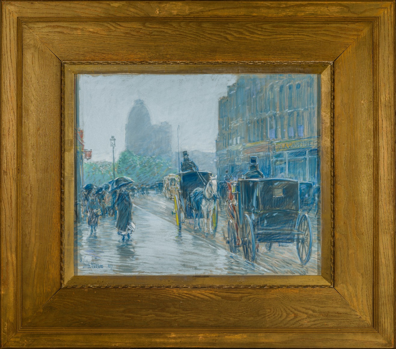 CHILDE HASSAM (1859–1935), "A Wet Day on Broadway," 1891. Pastel on paper mounted to fine-weave linen, 18 x 21 7/8 in. Showing original gilded oak "Doll & Richards" frame.