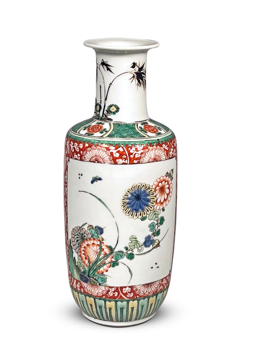 Chinese Famille Verte Porcelain Cabinet Rouleau Vase