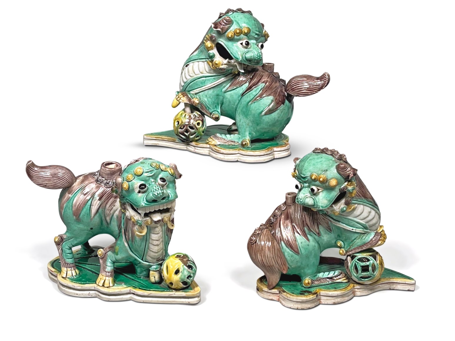 Very Rare Set of Three Chinese Verte Glazed Porcelain Playing Fu Dogs