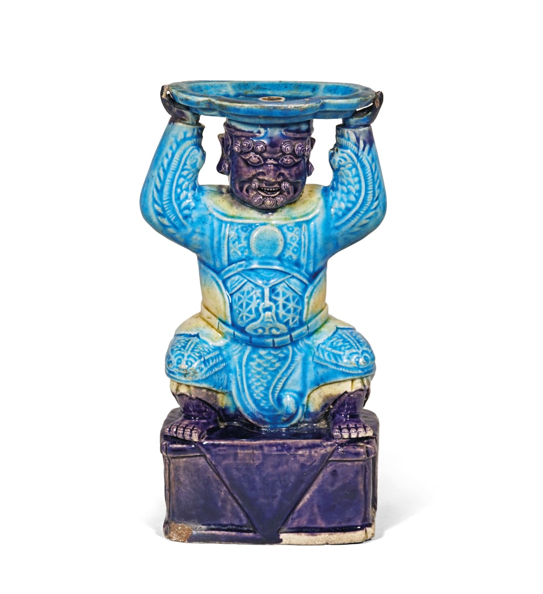 Rare Chinese Fahua Glazed Figural Pricket Holder