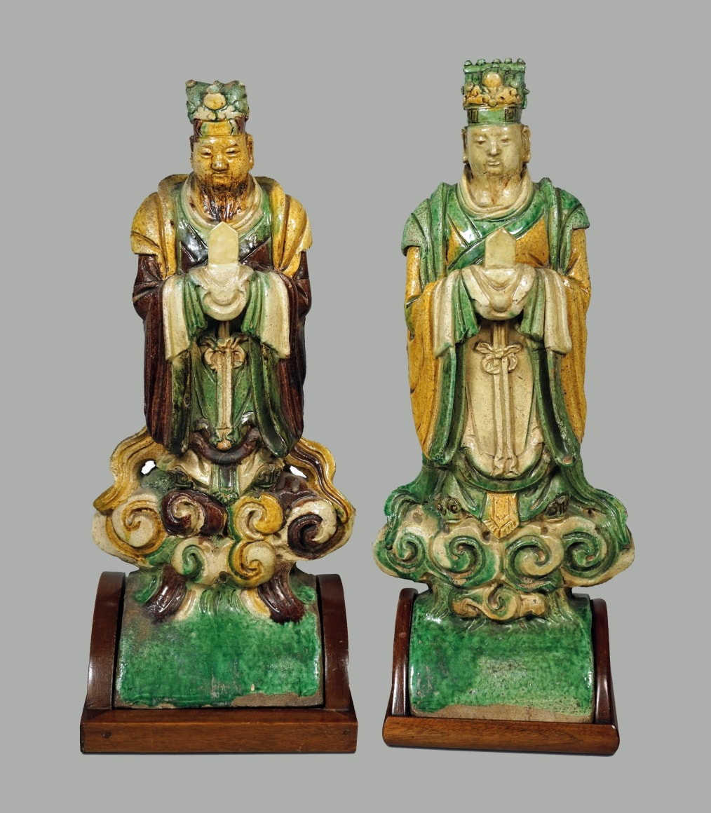 Fine Pair of Chinese Sancai Glazed Figural Rooftiles