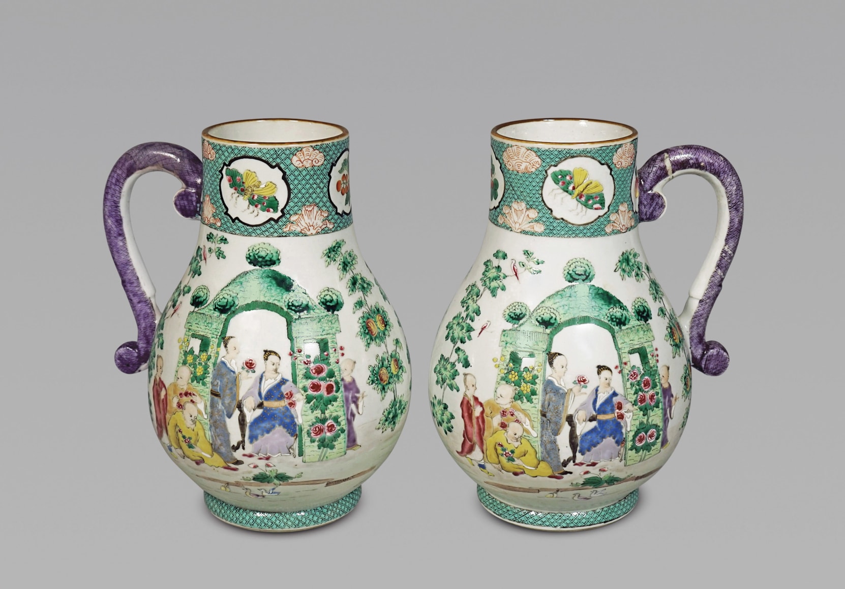 Rare Pair of Chinese Export Famille Rose Pronk Porcelain Jugs