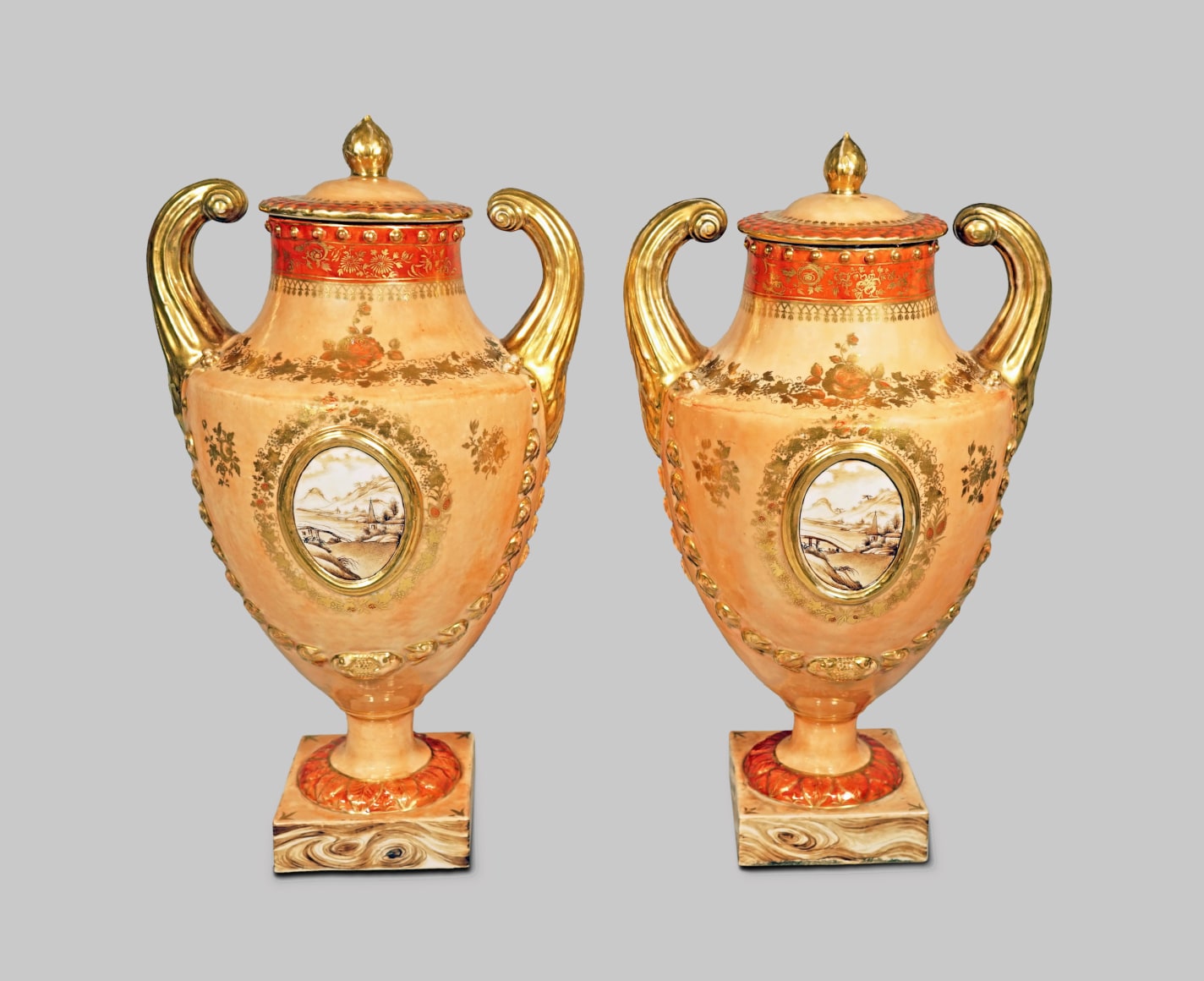 Fine Pair of Chinese Export Porcelain Peach-Toned Covered &quot;Pistol-Handled&quot; Urns