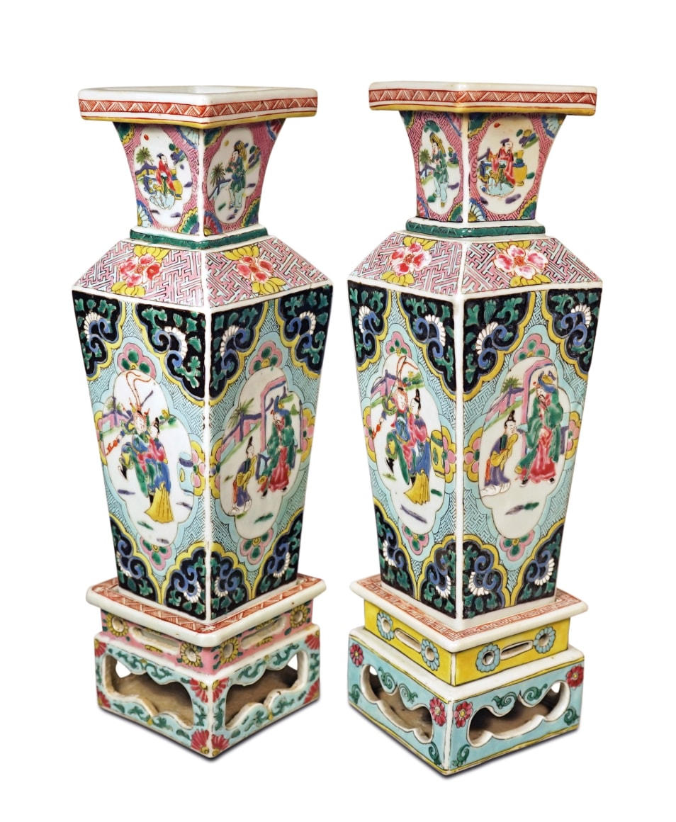 Pair of Chinese Rose Verte Quadrangular Vases and Bases