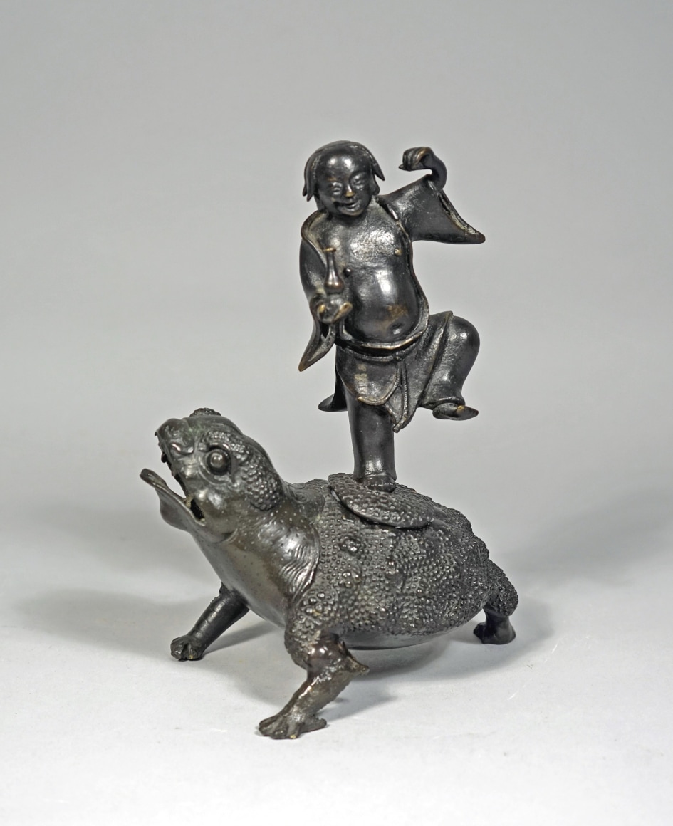 Chinese Bronze Censer of Liu Hai, the Daoist god of Prosperity, Standing upon a Three Legged Toad