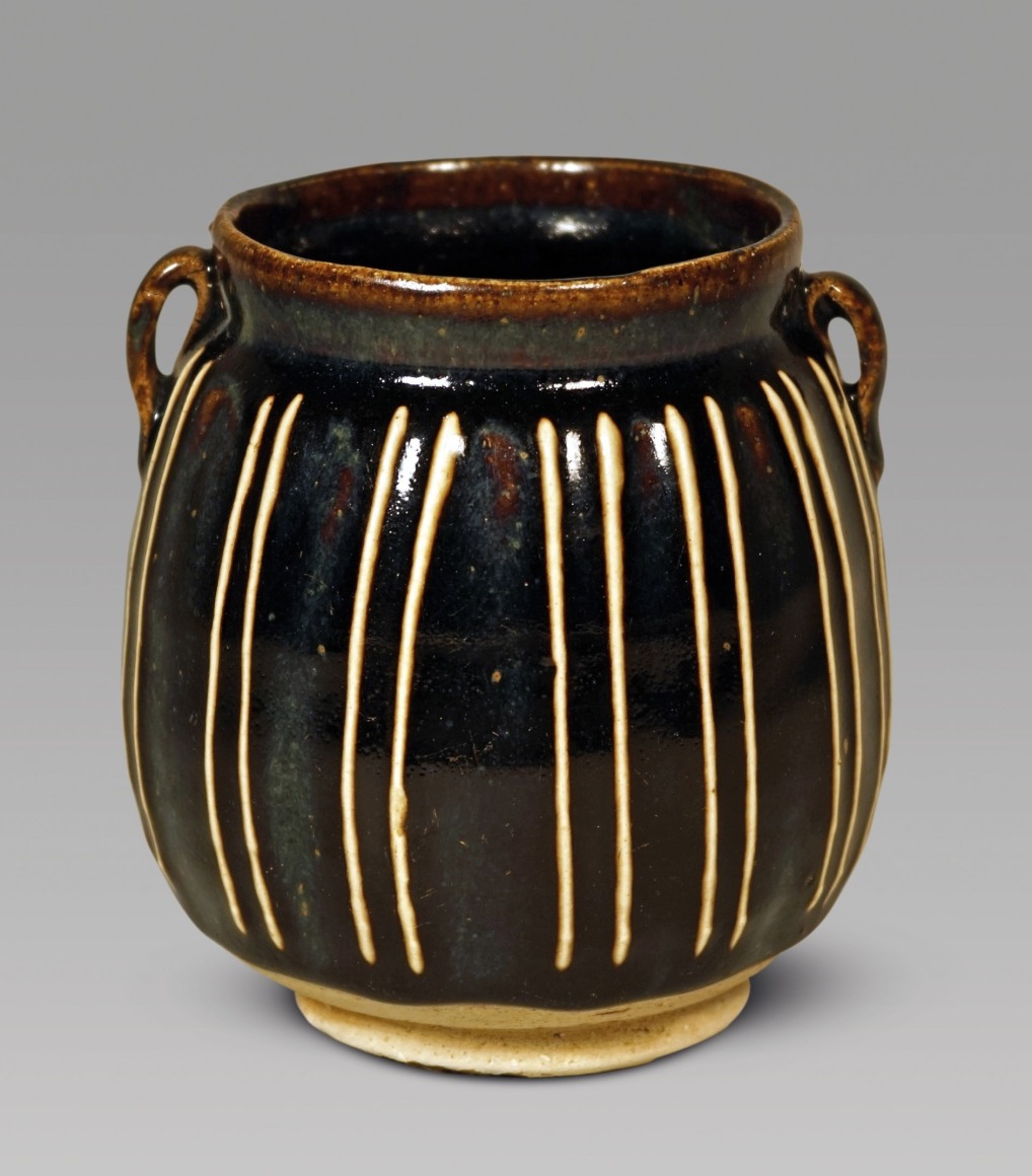Fine Chinese Glazed  Ribbed Jar with Handles