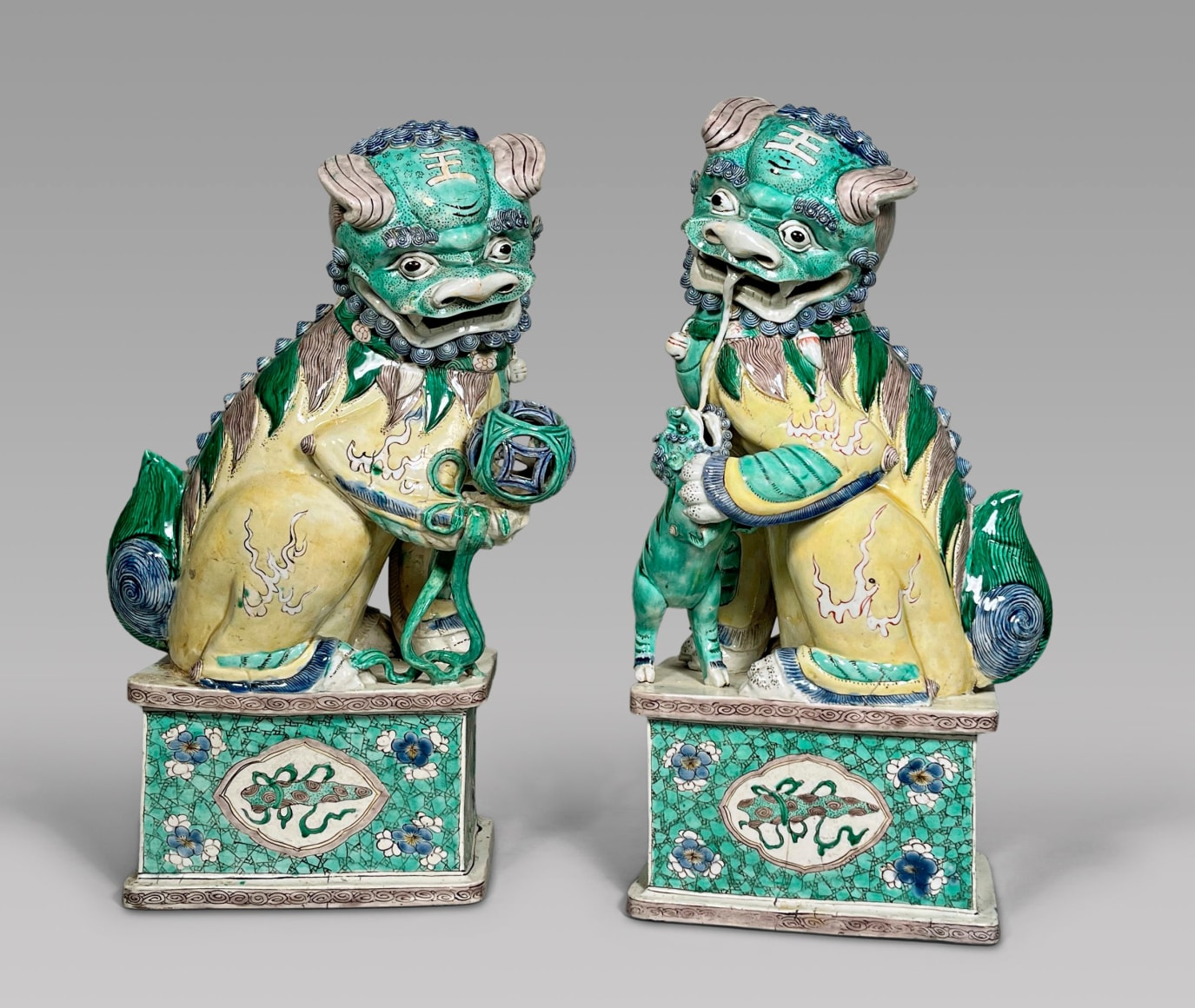 Rare Pair of Large Chinese Verte Glazed Biscuit Porcelain Fu Lions