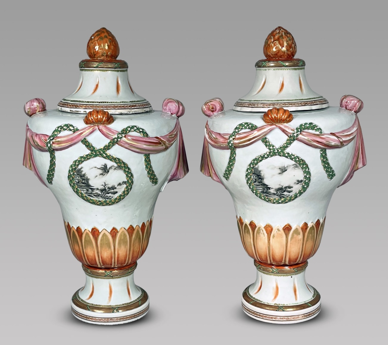 Rare Pair of Chinese Export Famille Rose Porcelain Urns and Covers